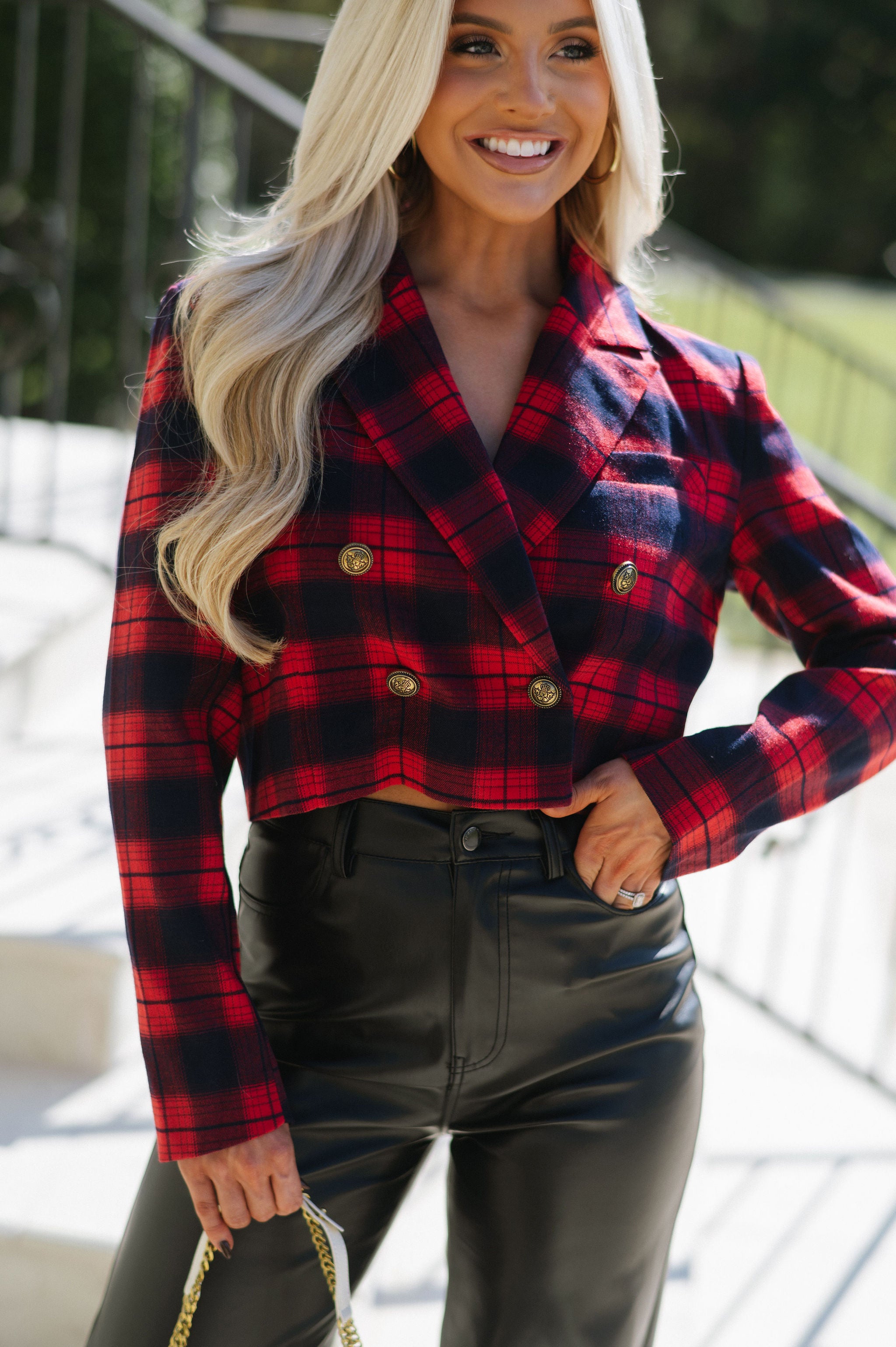 Cropped Plaid Blazer-Red Mix