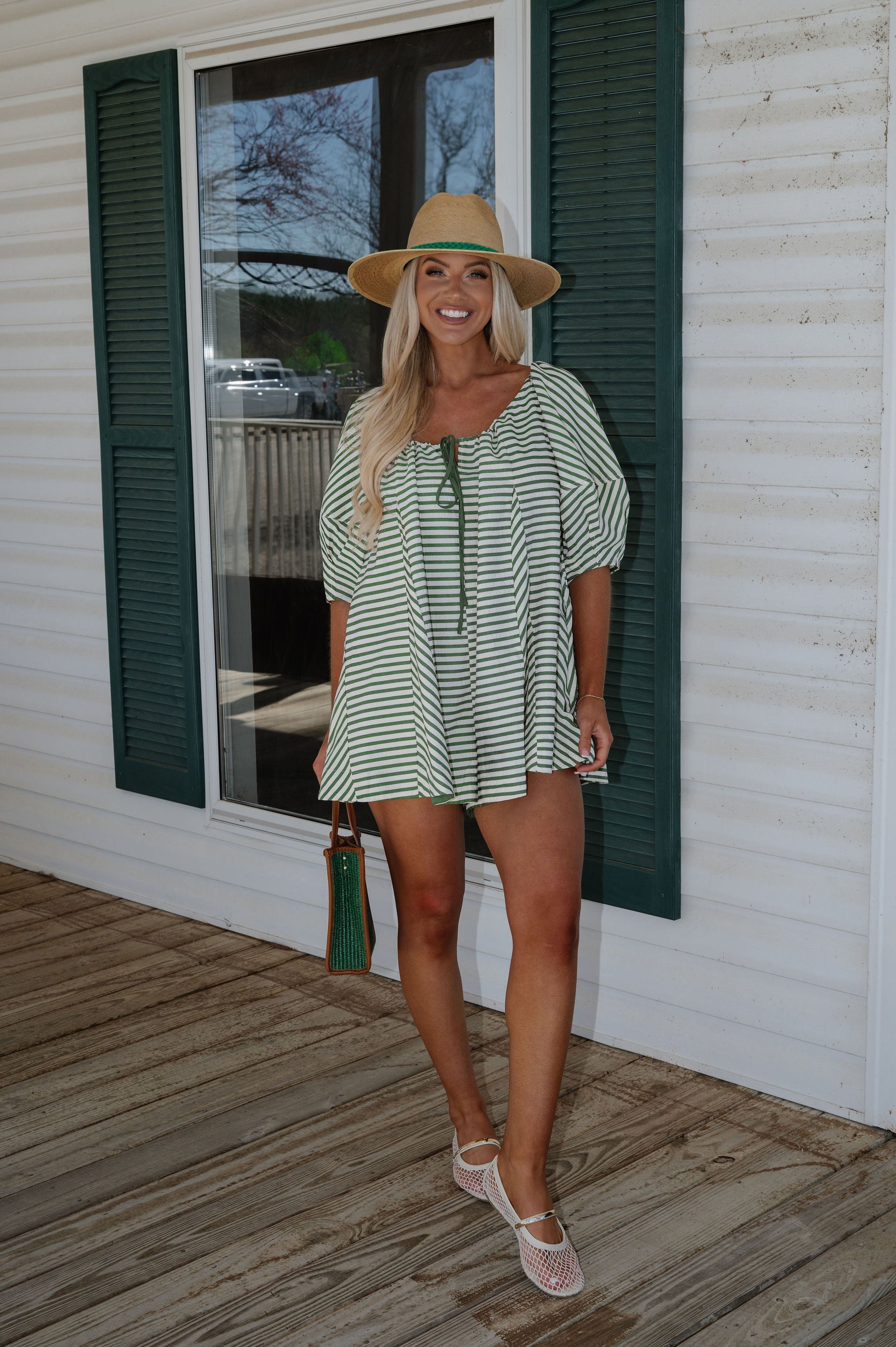 Monica Romper-Green Stripe
