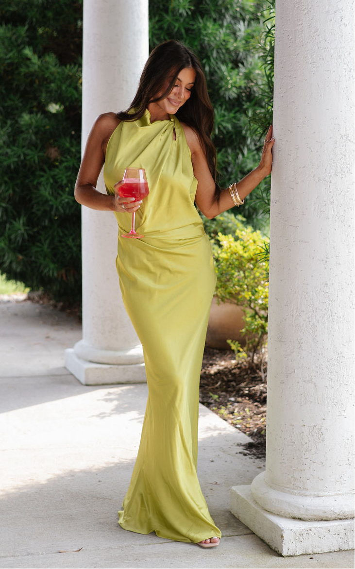 Olivia Open Back Satin Dress- Lime