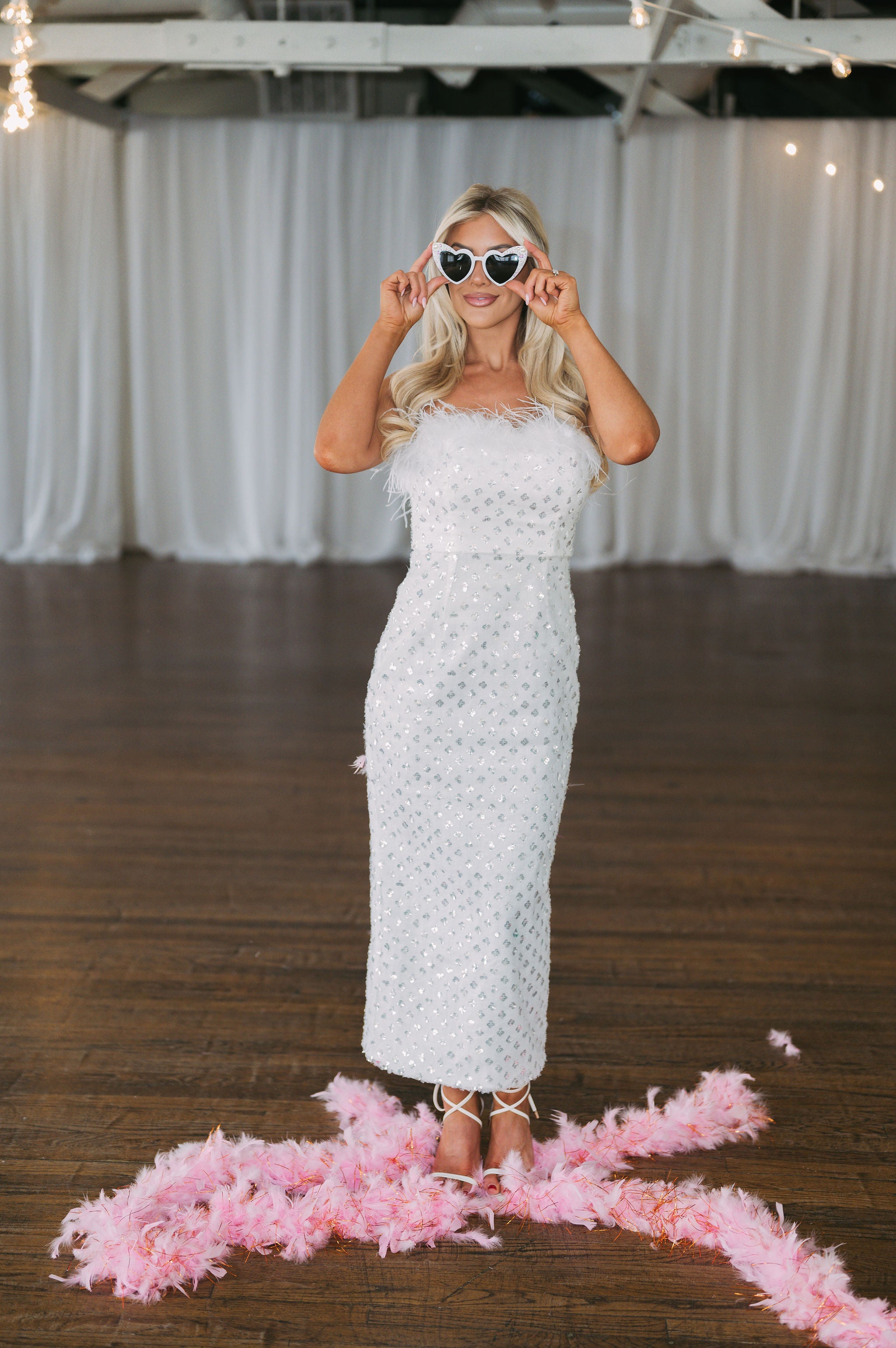 Faux Feather Sequin Pattern Dress- White