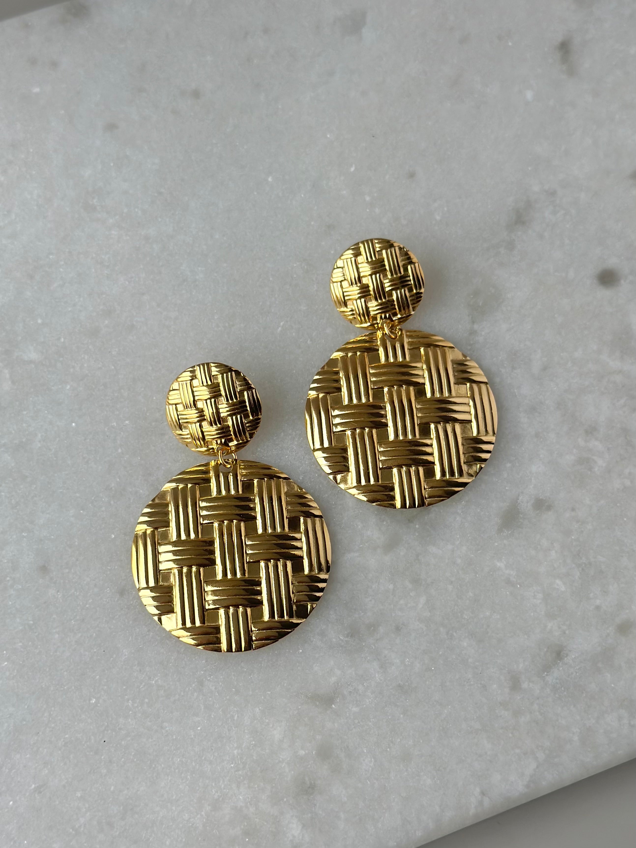 Weave Textured Circle Drop Earrings- Gold