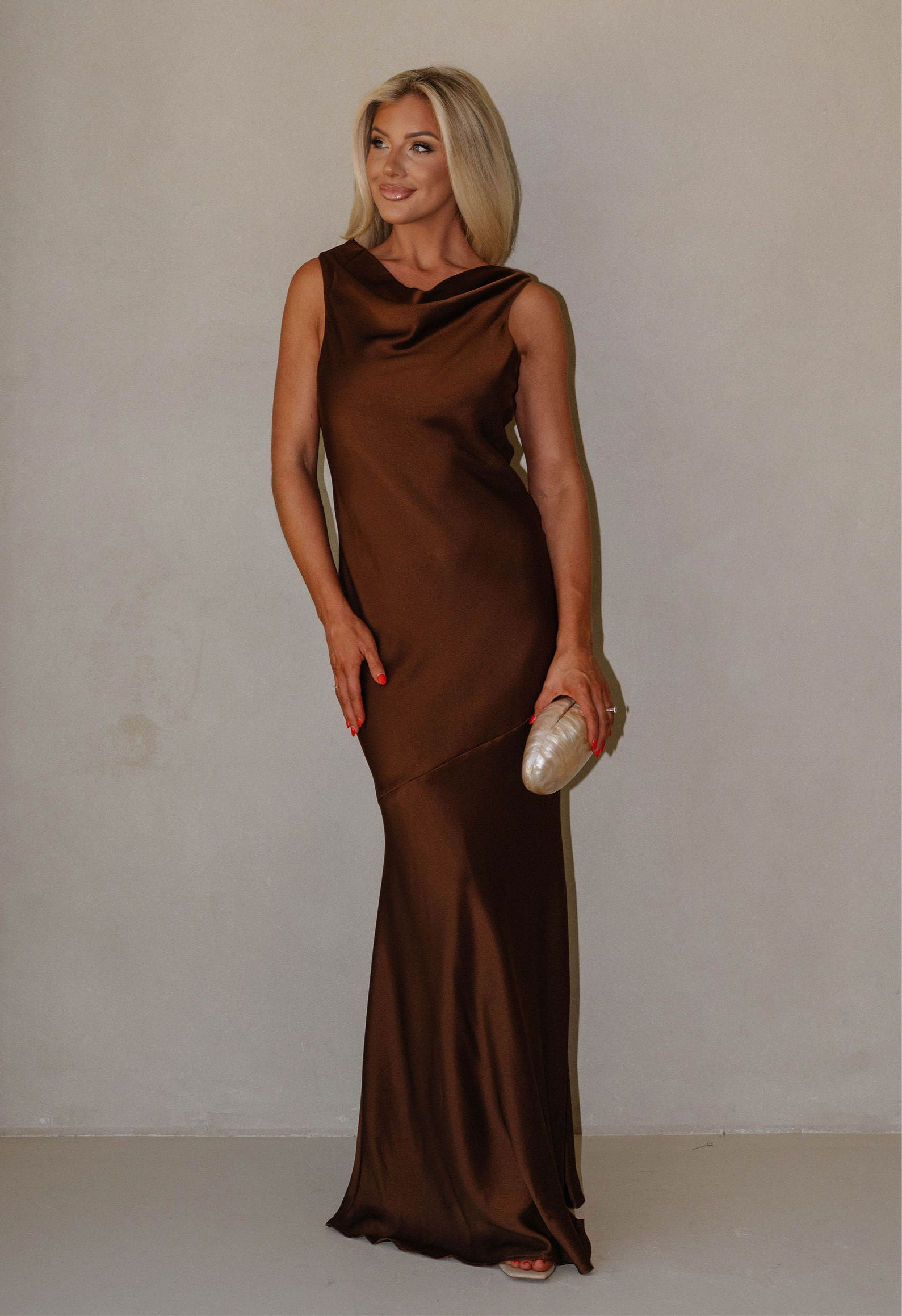 Jenny Cowl Satin Maxi Dress-Brown