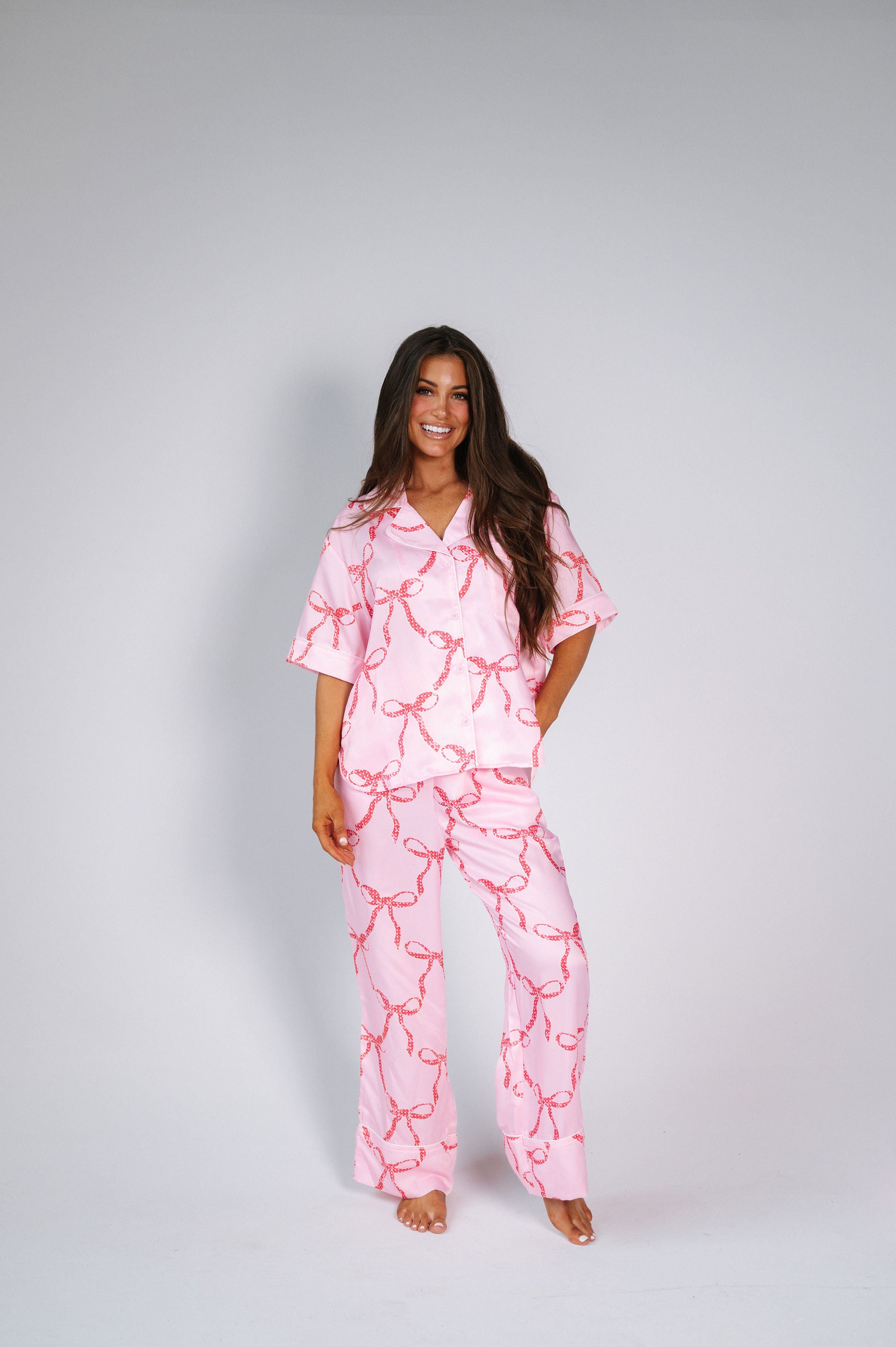 Sequin Ribbon Pajama Pant Set-Red/Pink