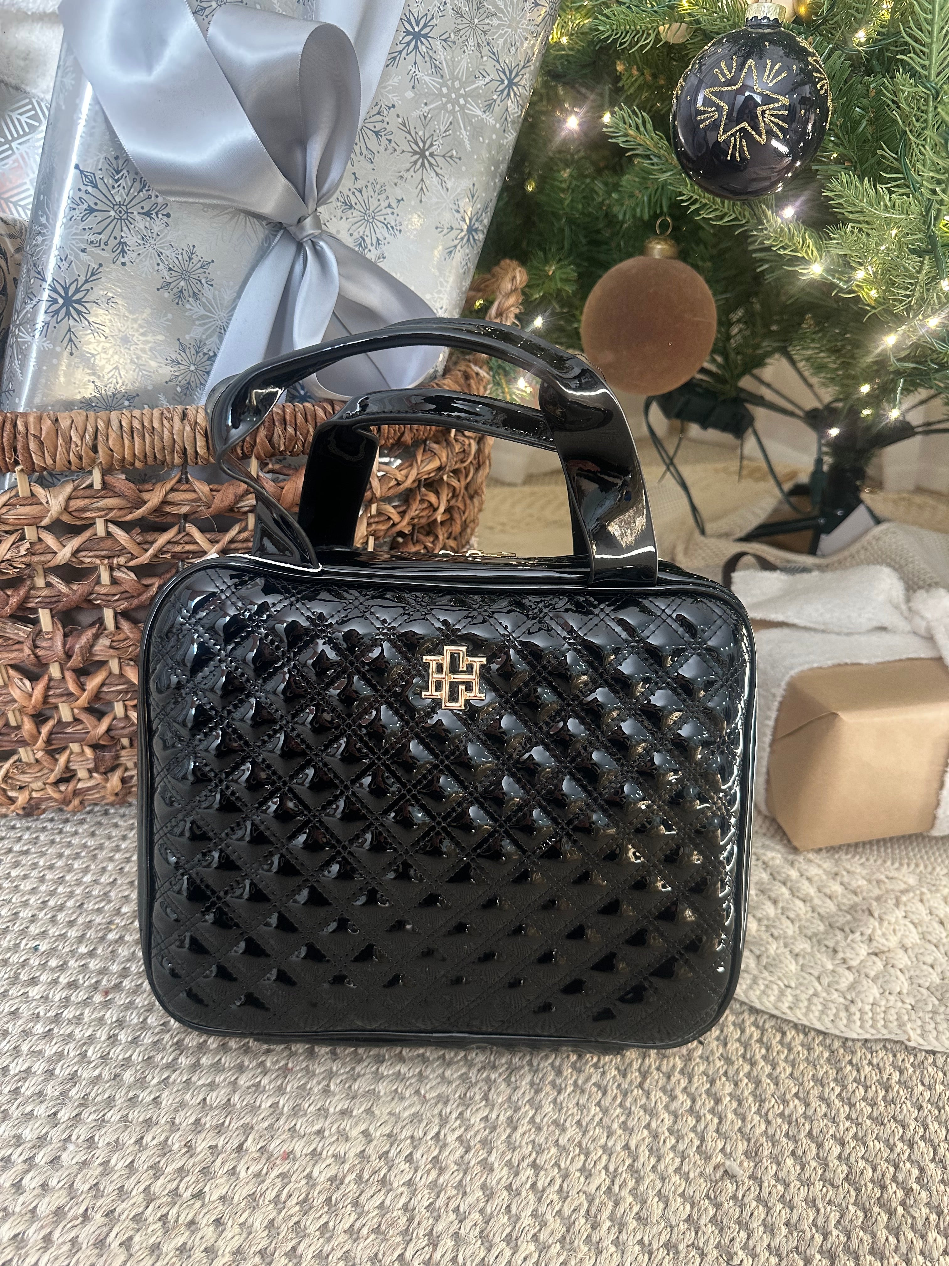 Patent Leather Quilted Makeup Bag- Black
