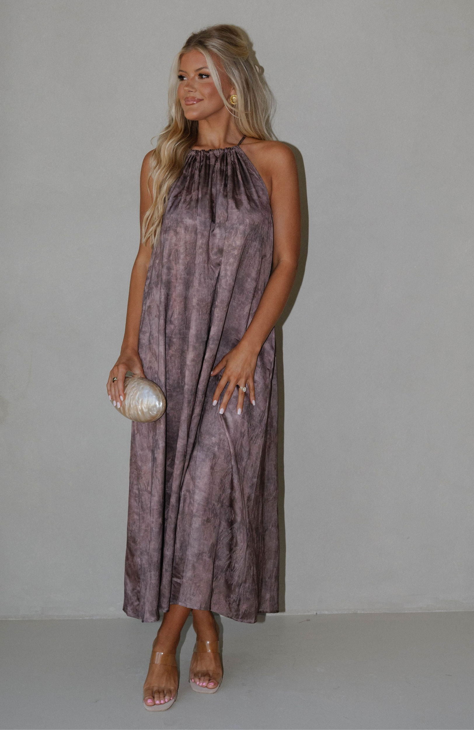 Satin Floral Print Maxi Dress-Brown