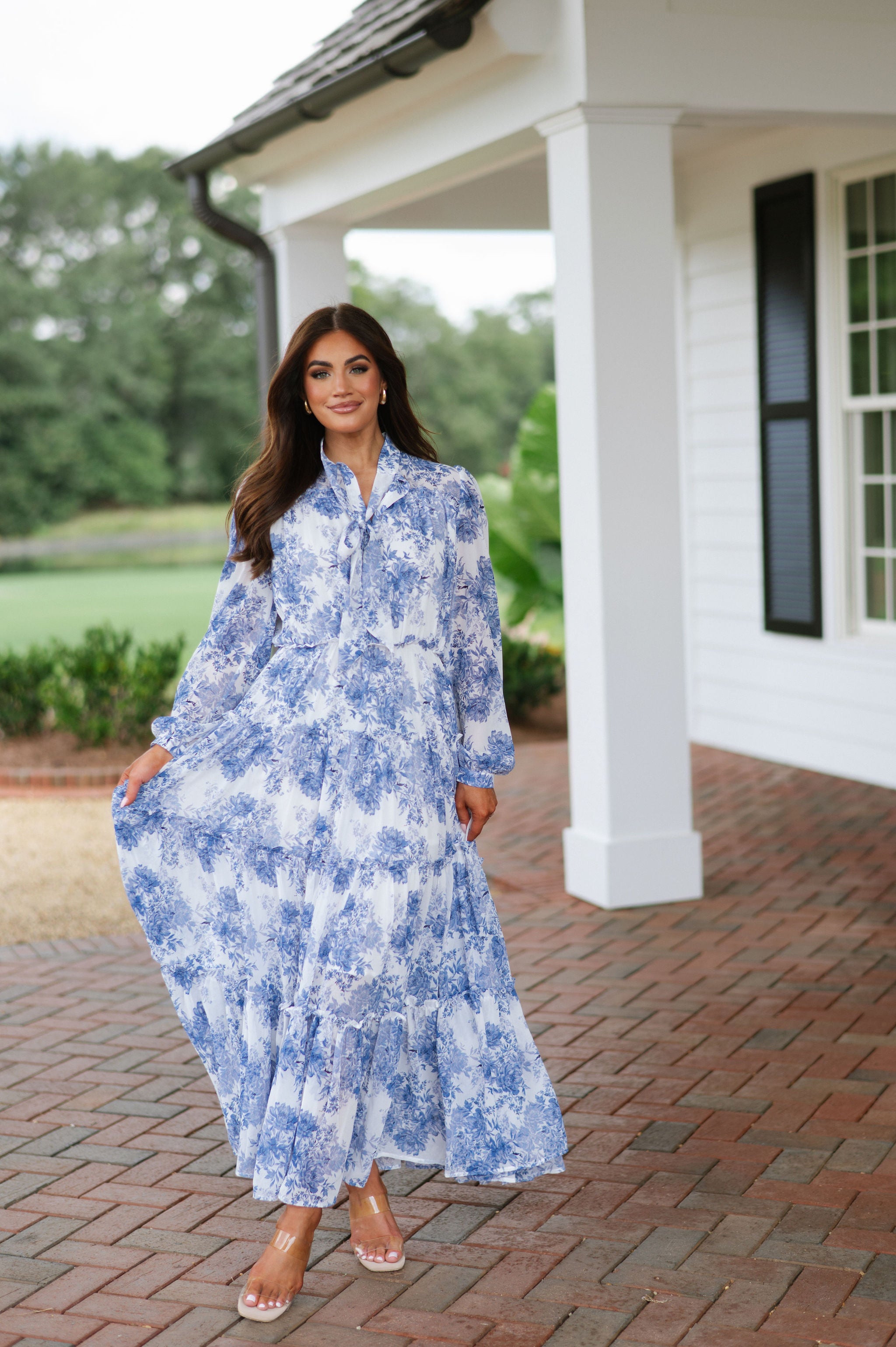 Floral Print Tiered Maxi Dress-Blue