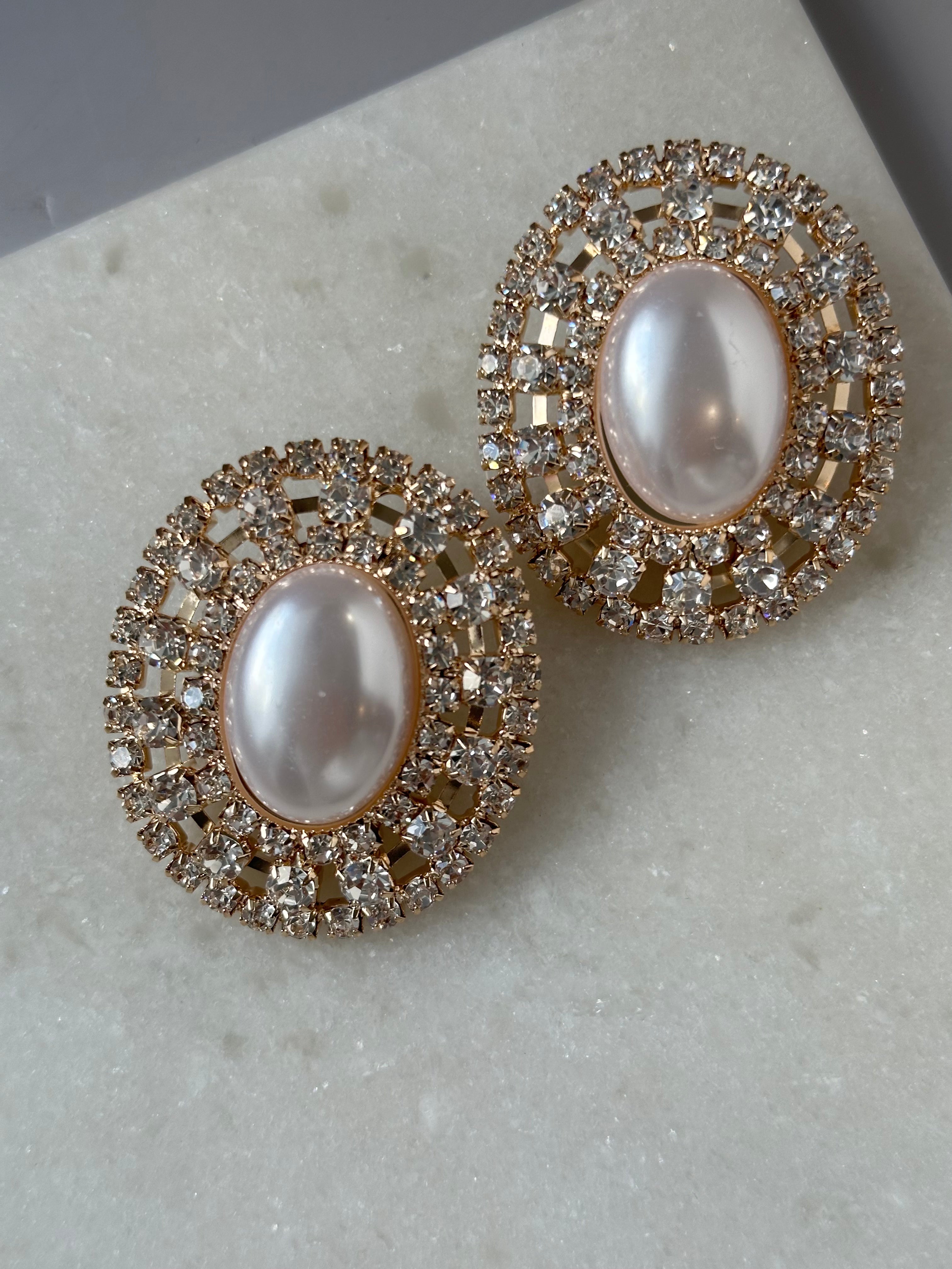 Pearl Rhinestone Earrings-Gold