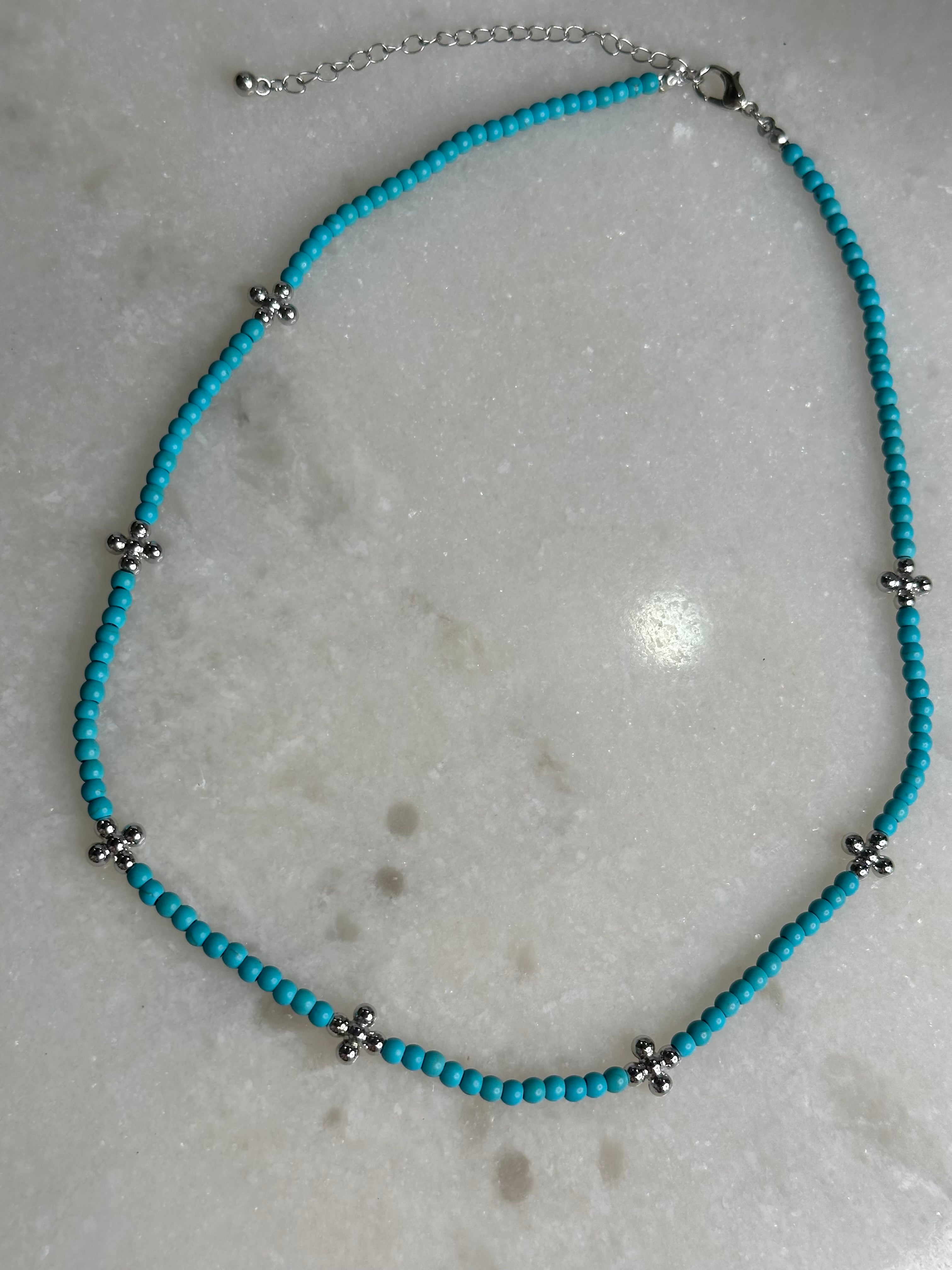 Stone and Cross Necklace - Turquoise/Silver