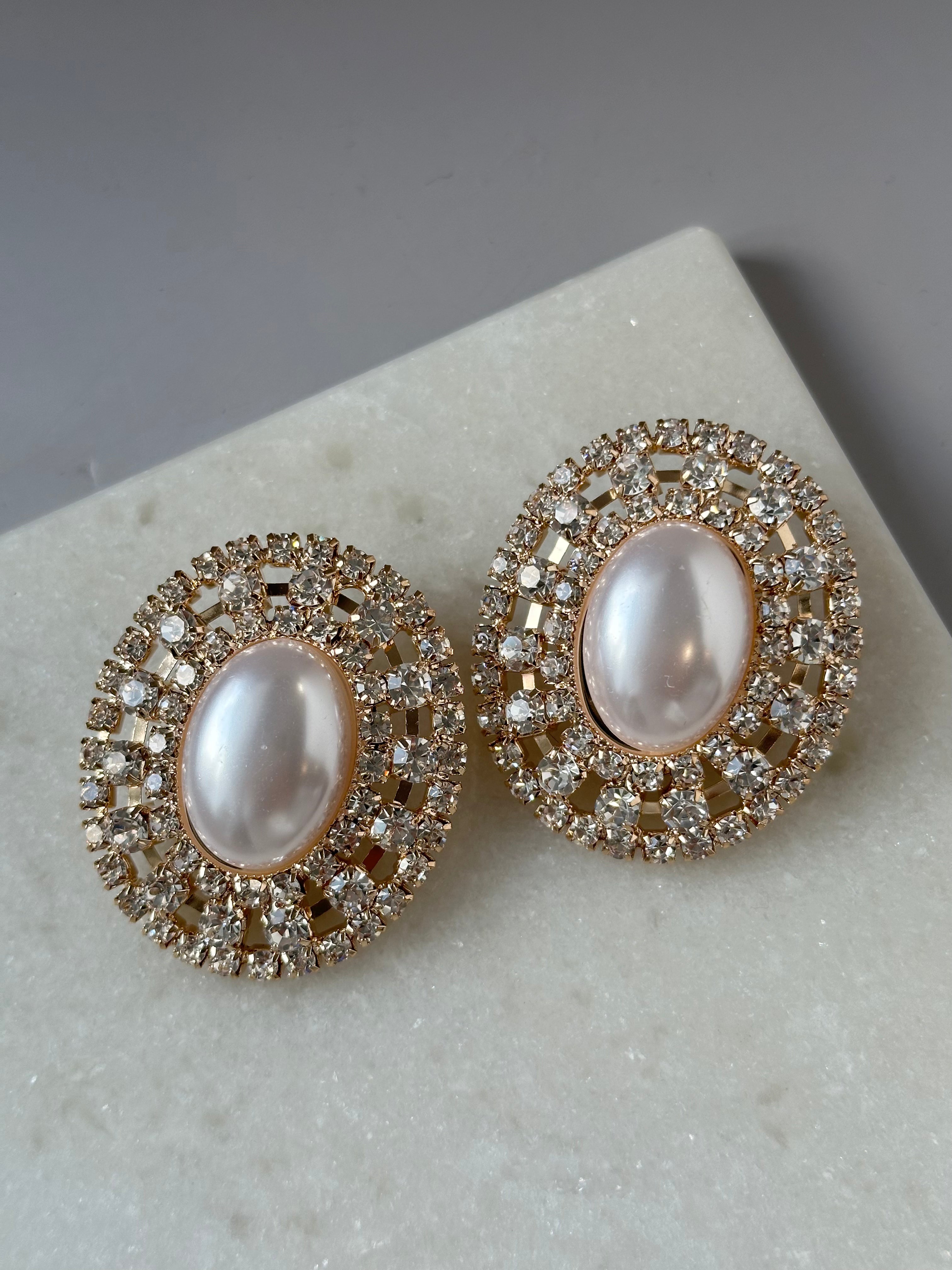 Pearl Rhinestone Earrings-Gold