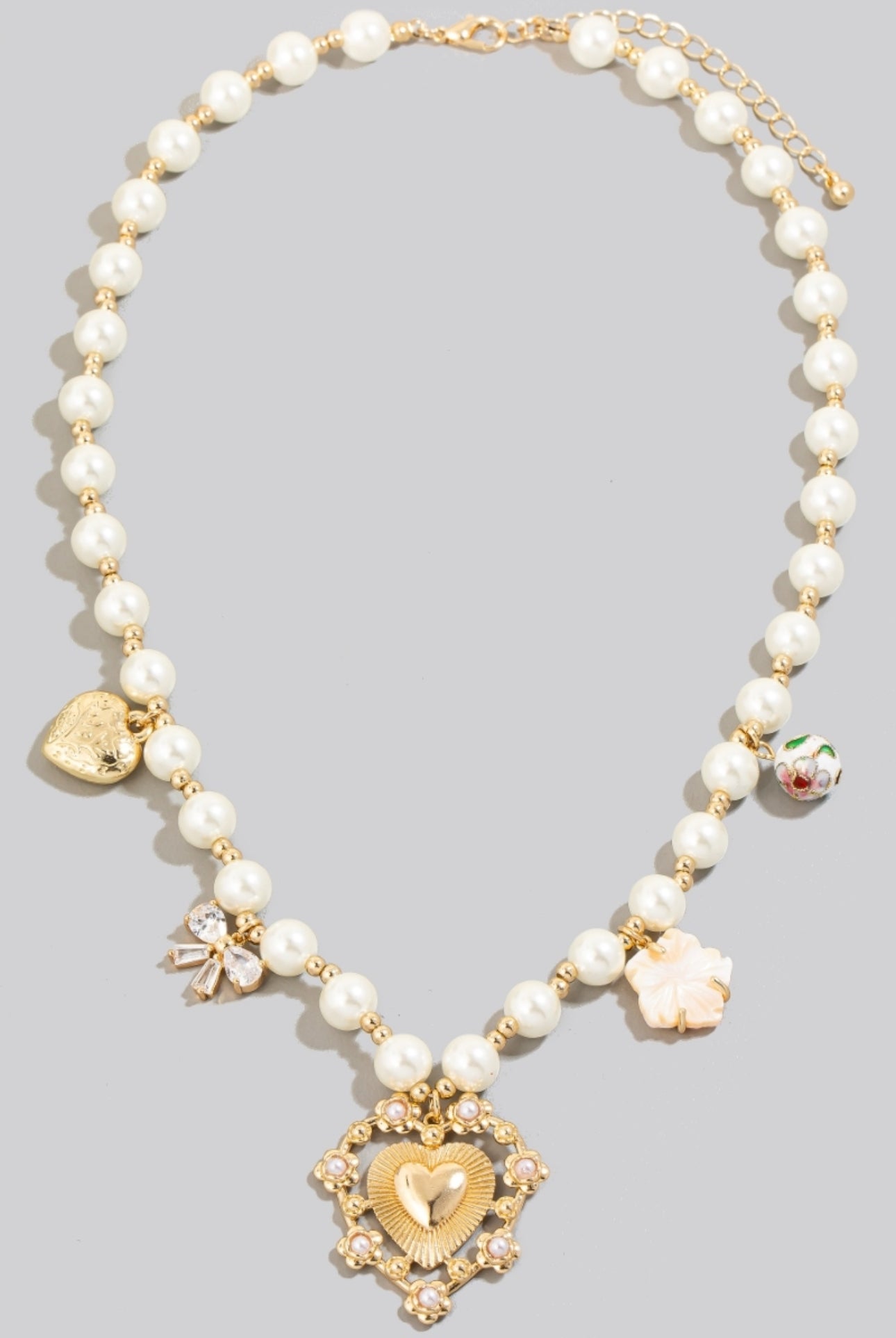 Bead Heart Charm Necklace - Cream/Gold