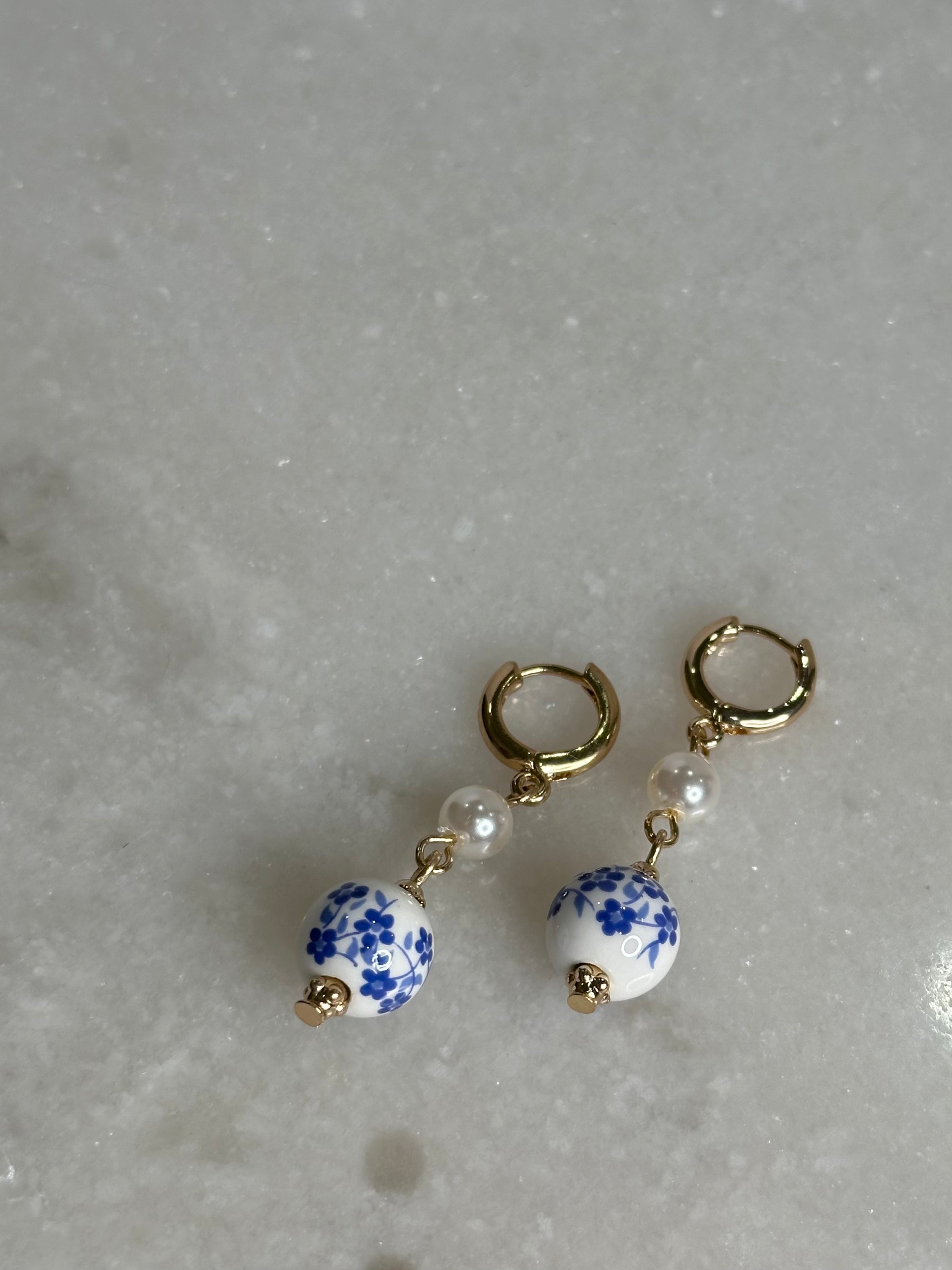 Blue Bead Pearl Earring - Gold