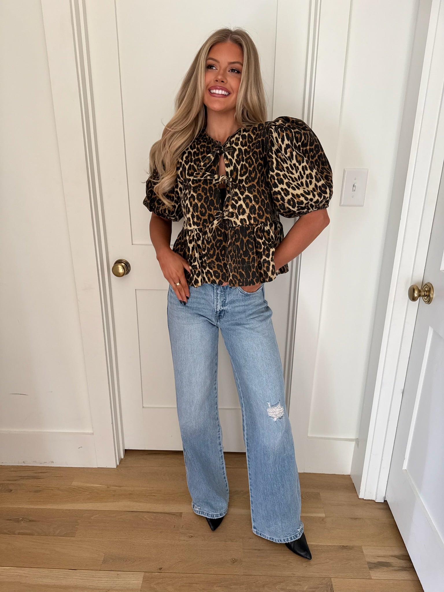 Norah Denim Top-Leopard