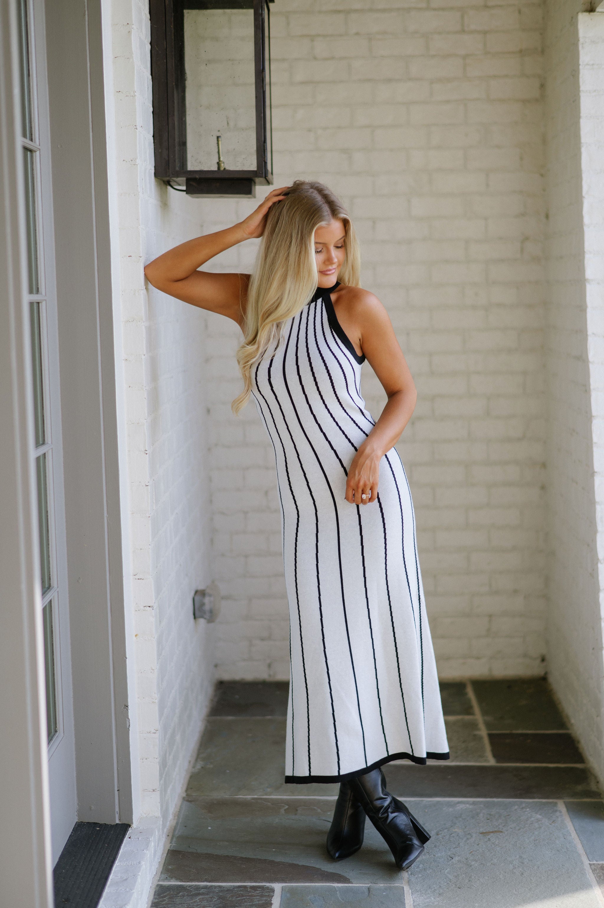 Stripe Knit Maxi Dress-Off White