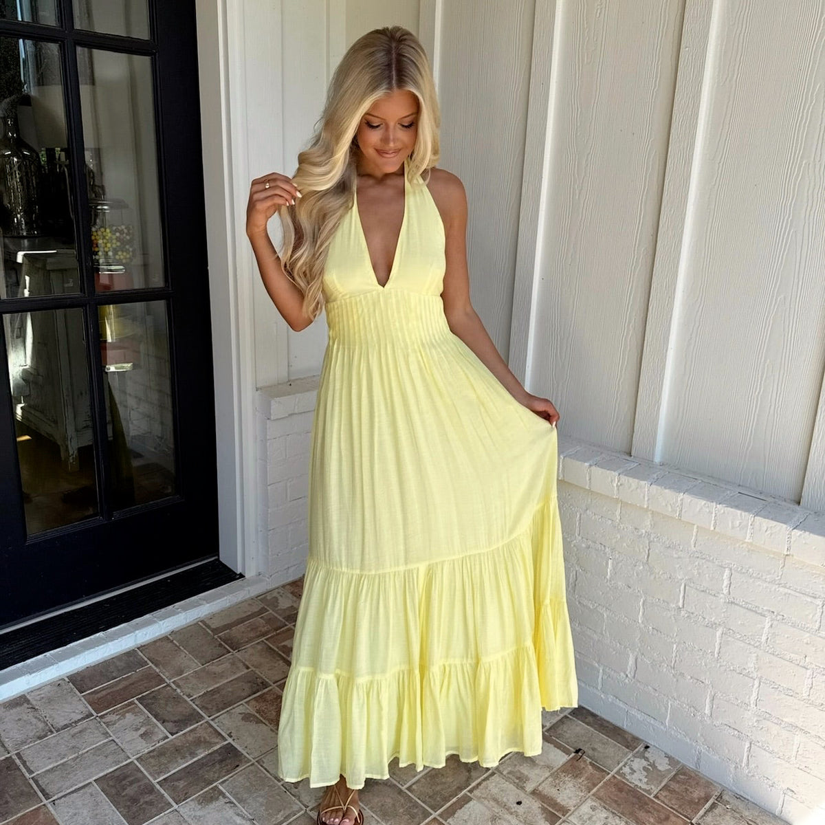 ワンピース ETMON Pintuck Slit Jersey Dress, Yellow Tiered Pintuck Dress-Lemon