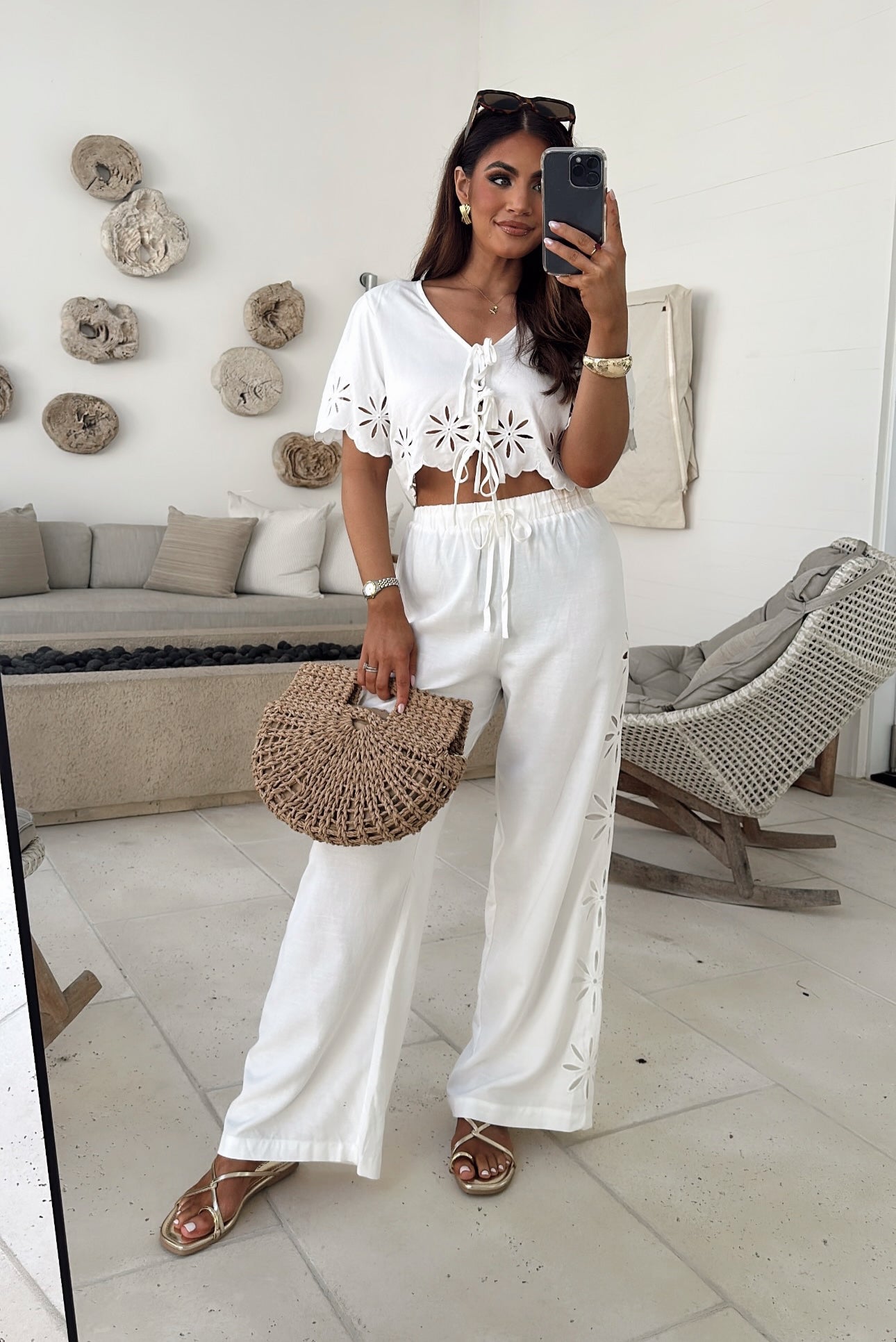 Linen Cut Out Embroidered Set- Off White