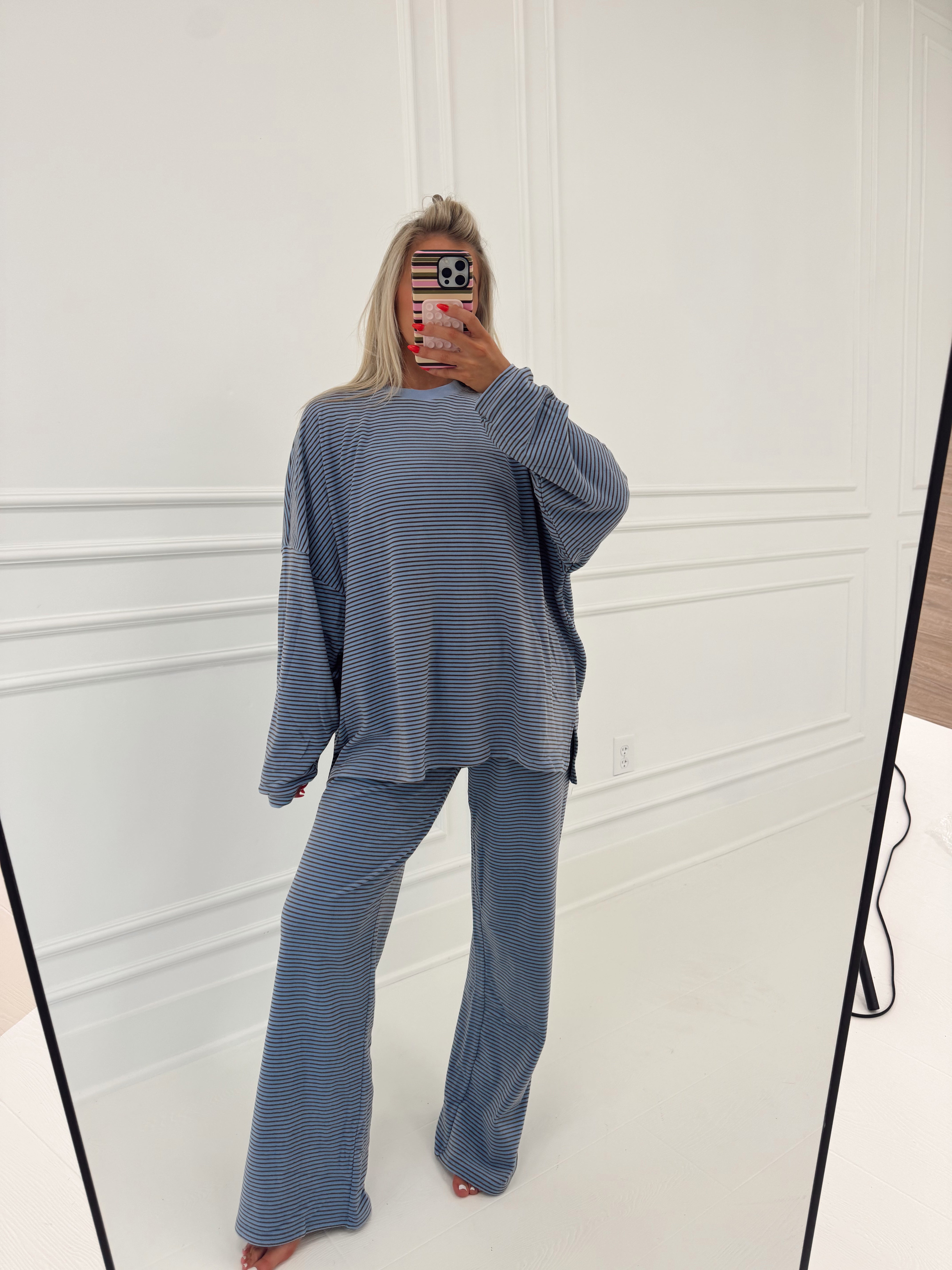 Nora Striped Fleece Oversized Top-Blue