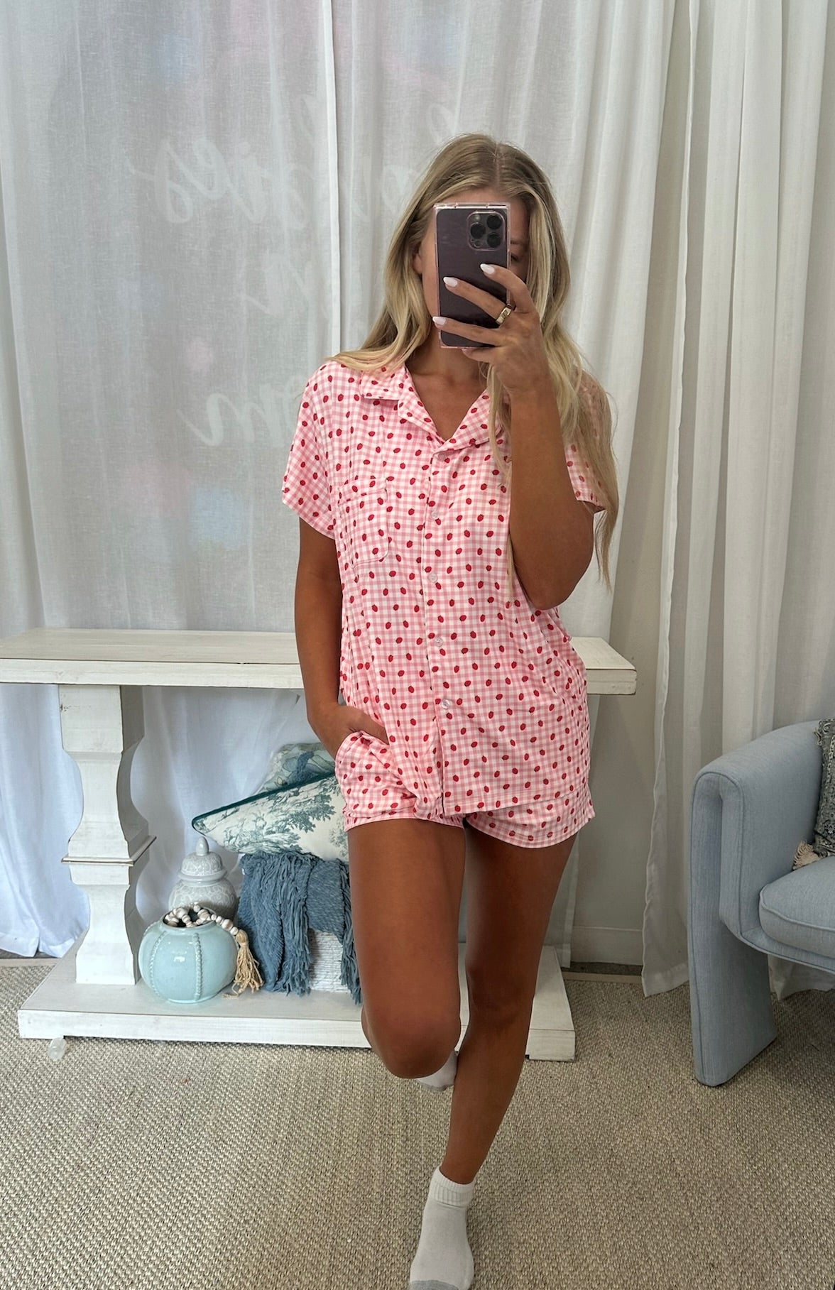 Strawberry Pajama Short Sleeve Top-Pink//DOORBUSTER