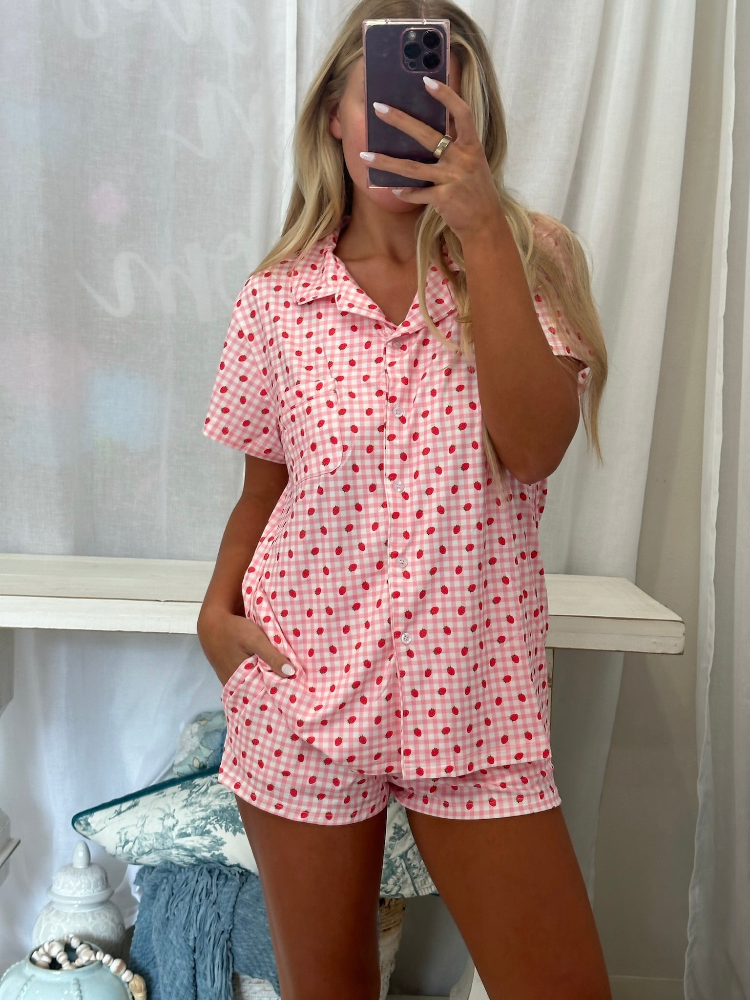 Strawberry Pajama Short Sleeve Top-Pink//DOORBUSTER