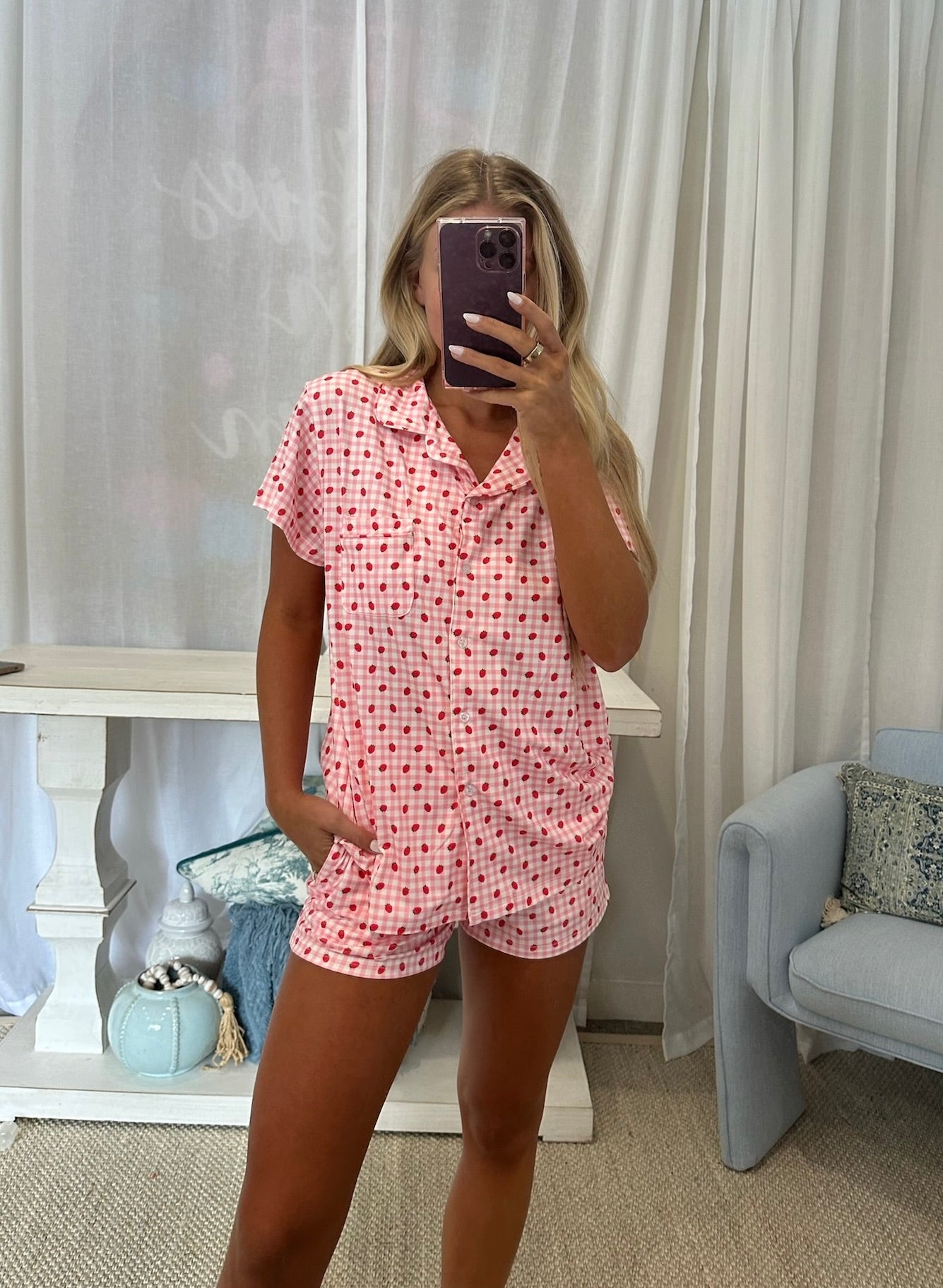 Strawberry Pajama Short Sleeve Top-Pink