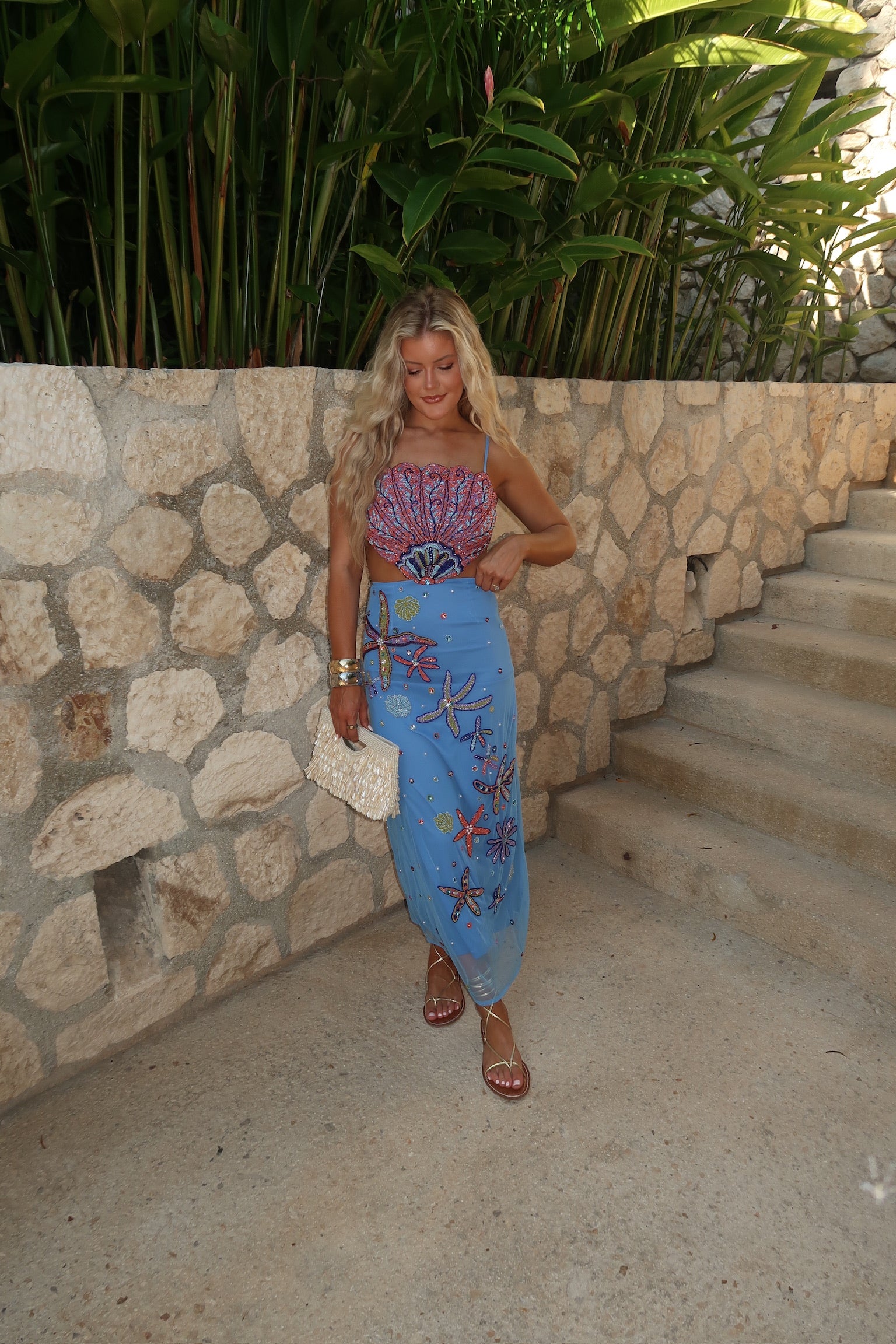 Shell Embellished Midi Dress-Blue Multi