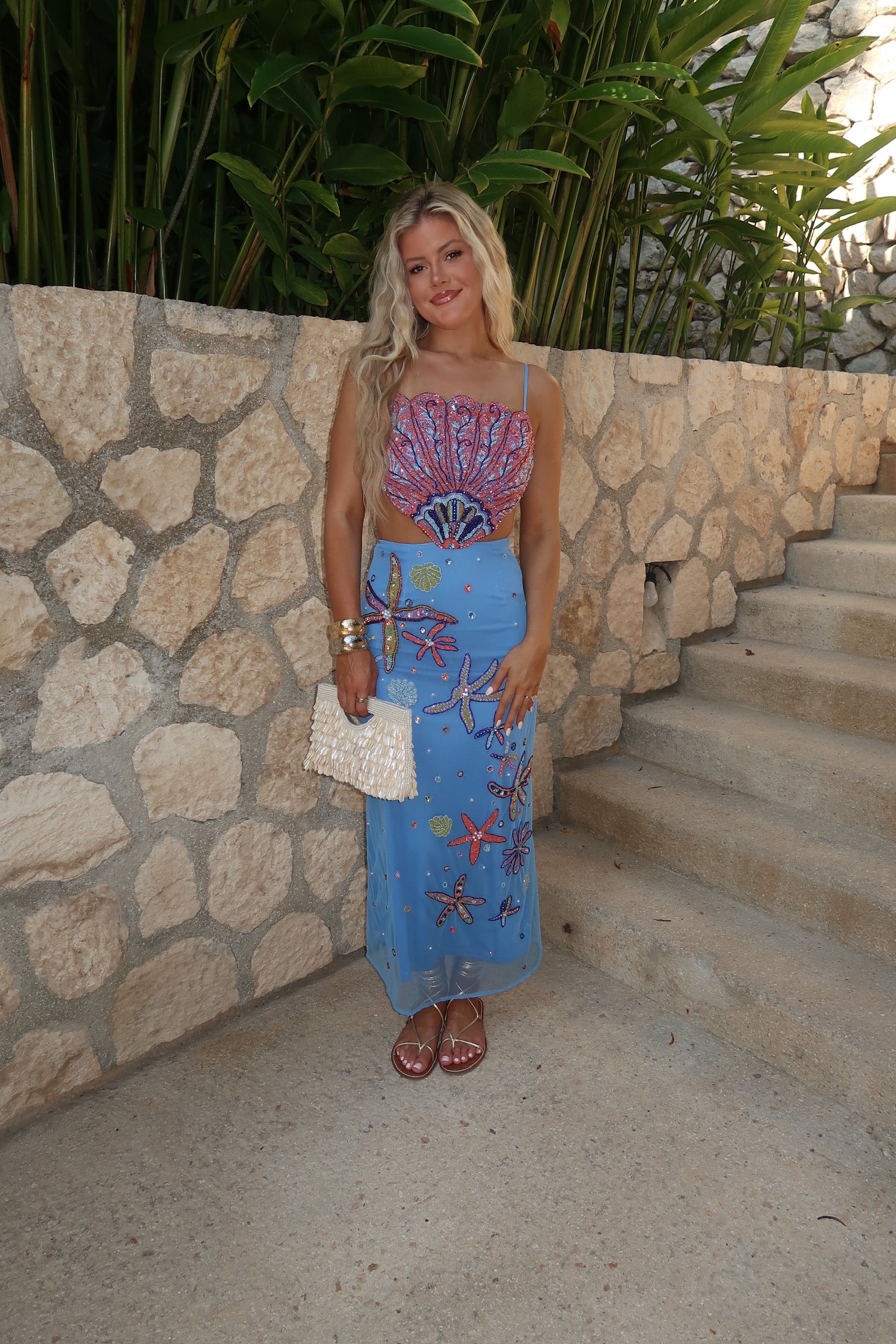 Shell Embellished Midi Dress-Blue Multi