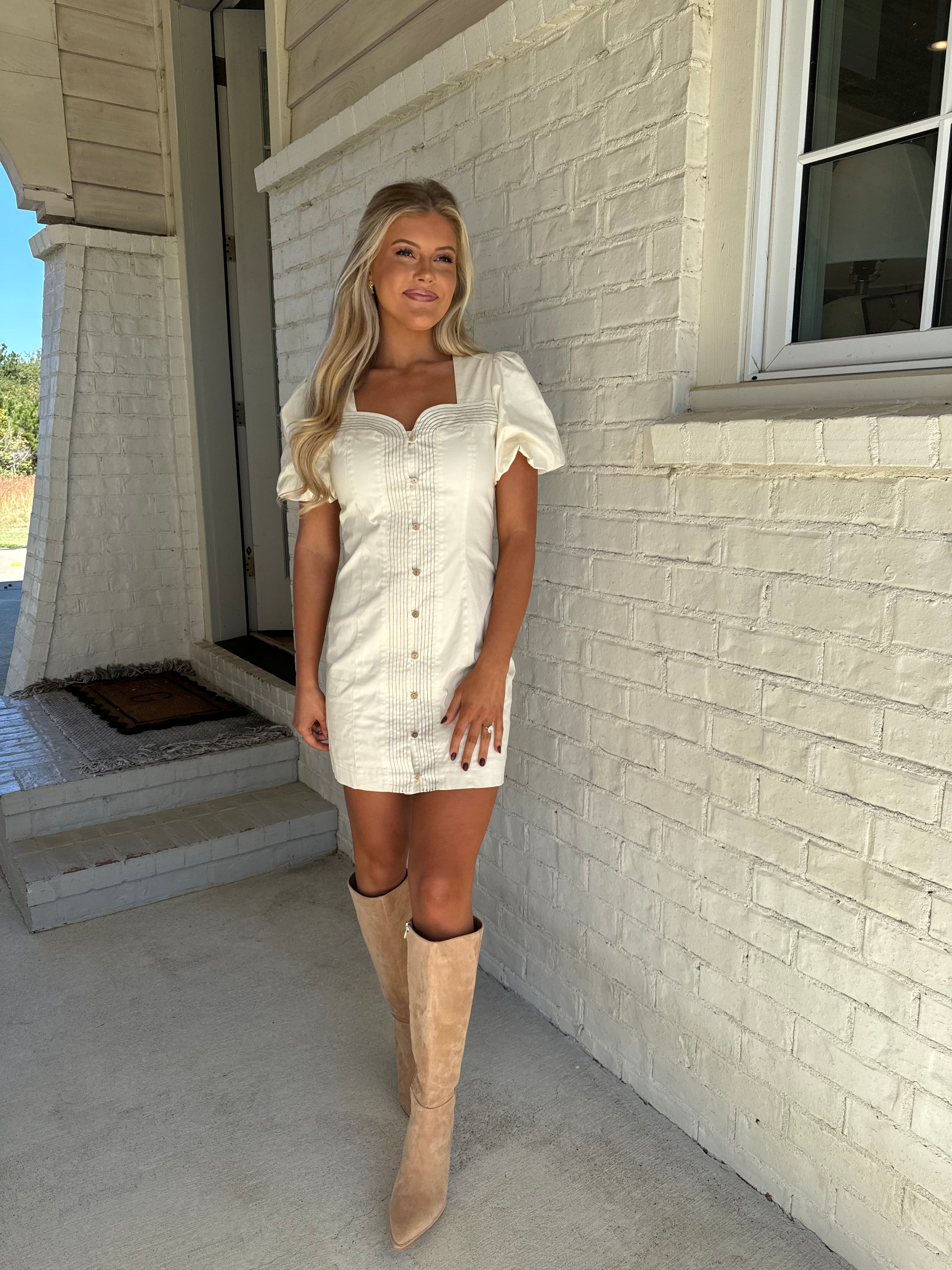 Bubble Sleeve Mini Dress-Cream