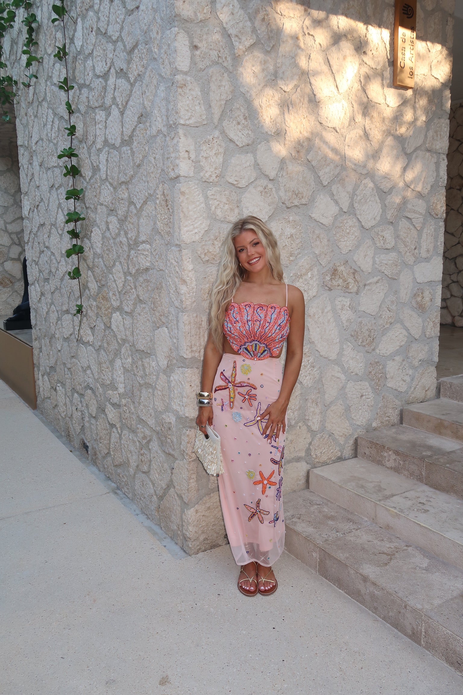 Shell Embellished Midi Dress-Blush