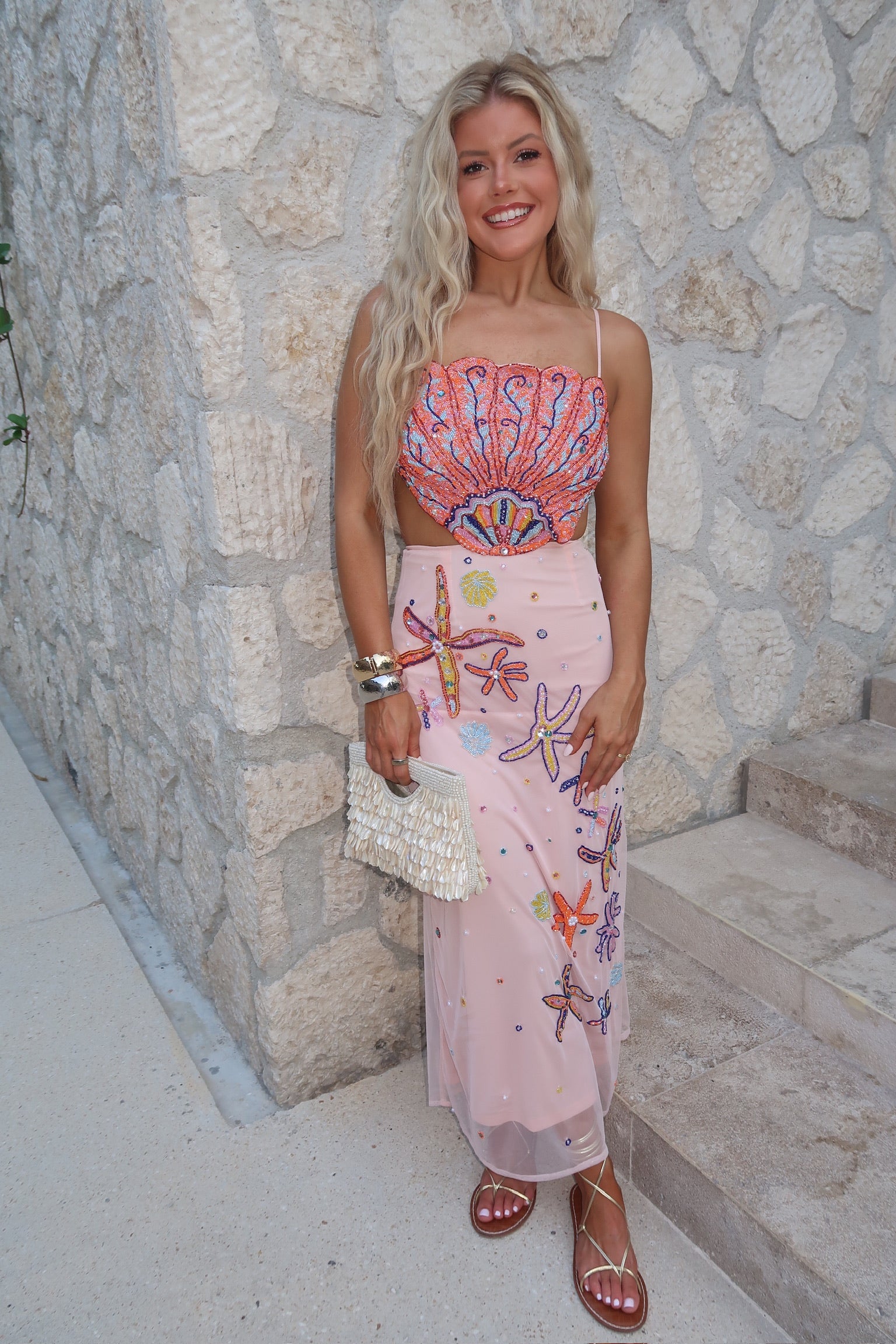 Shell Embellished Midi Dress-Blush