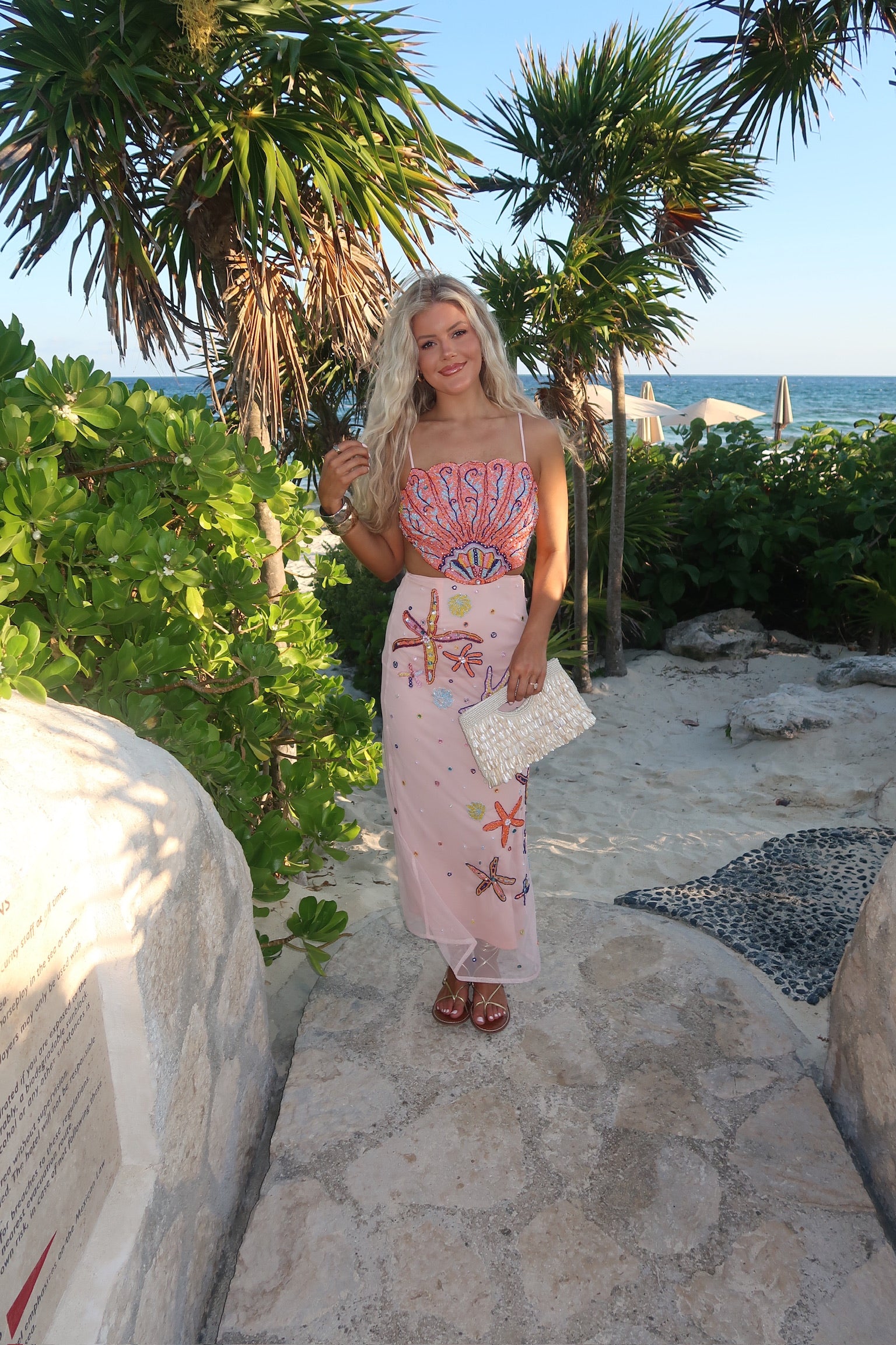 Shell Embellished Midi Dress-Blush