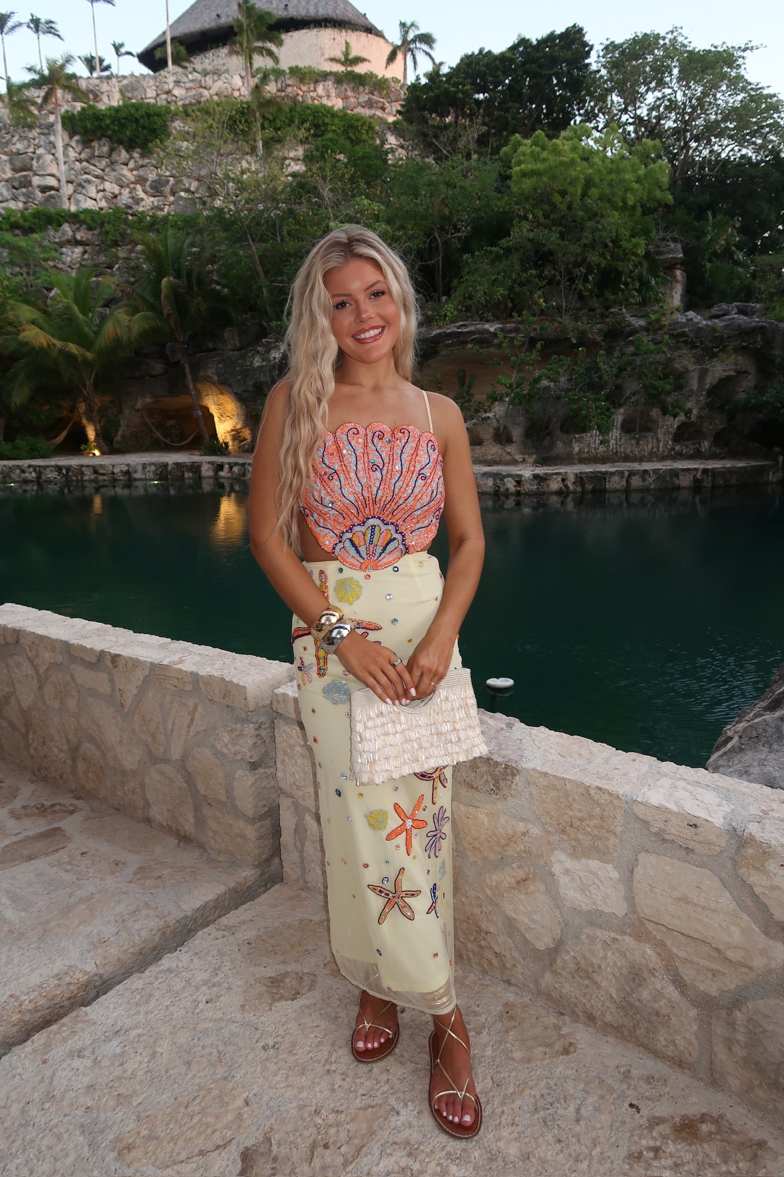 Shell Embellished Midi Dress-Sunlit