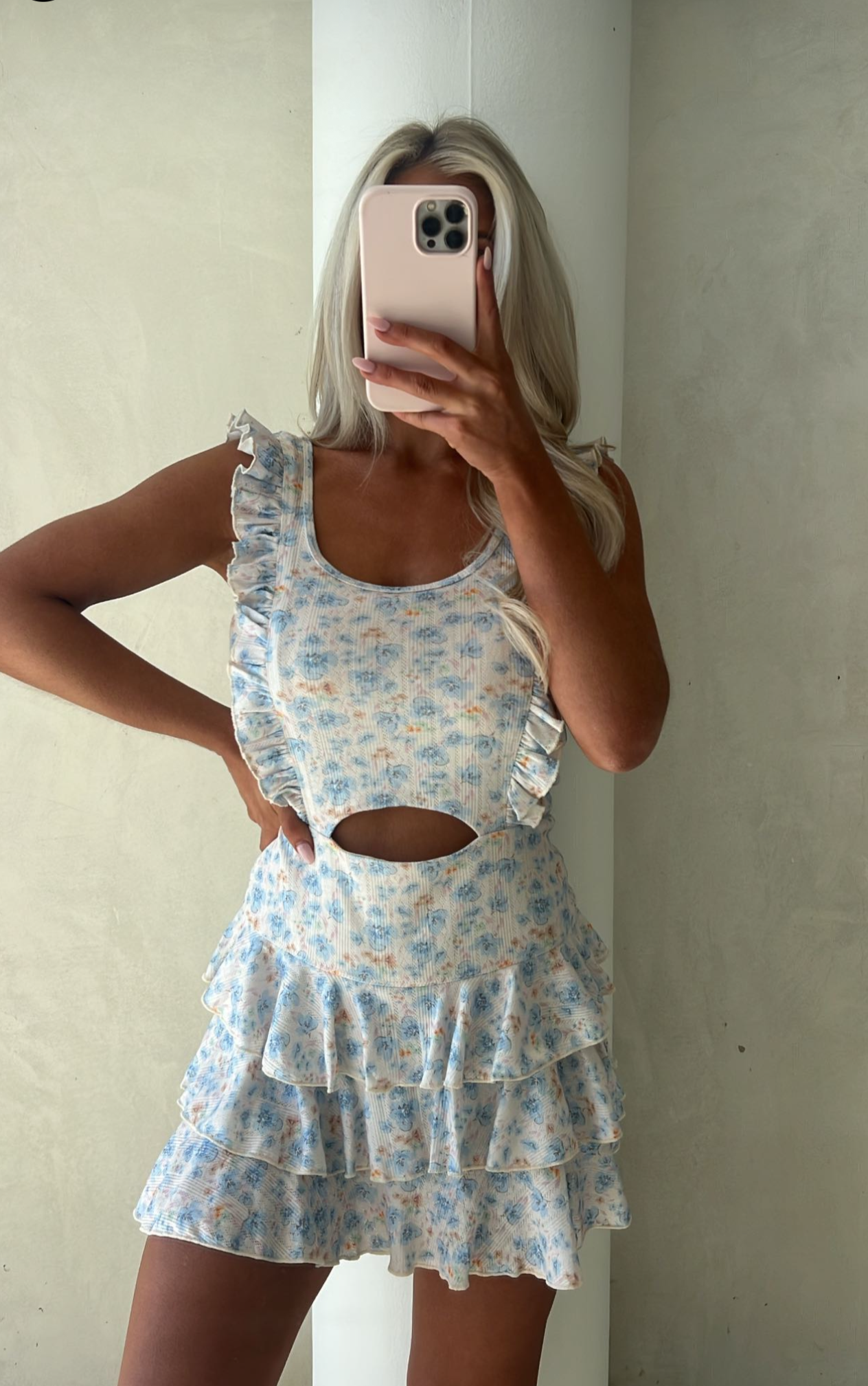 Floral Ruffled Active Dress-Cream/Blue