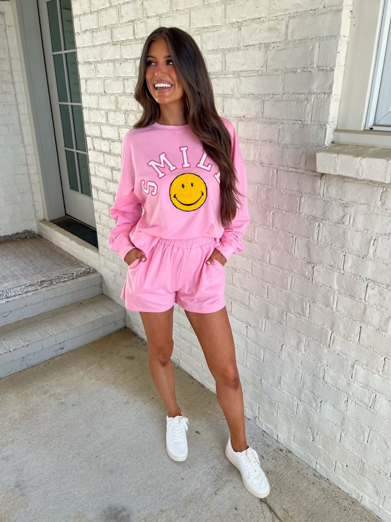 "Smile" Patch Top-Pink