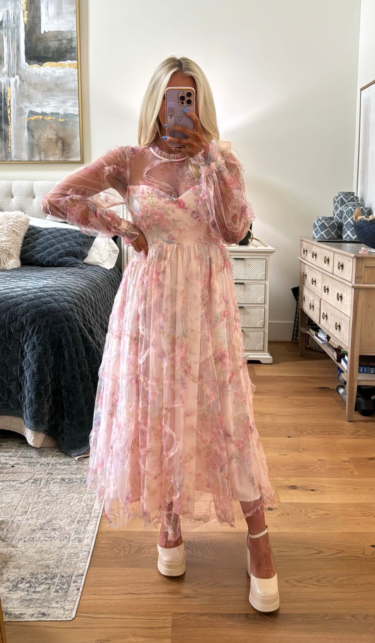 Rosemary Floral Mesh Midi Dress-Pink