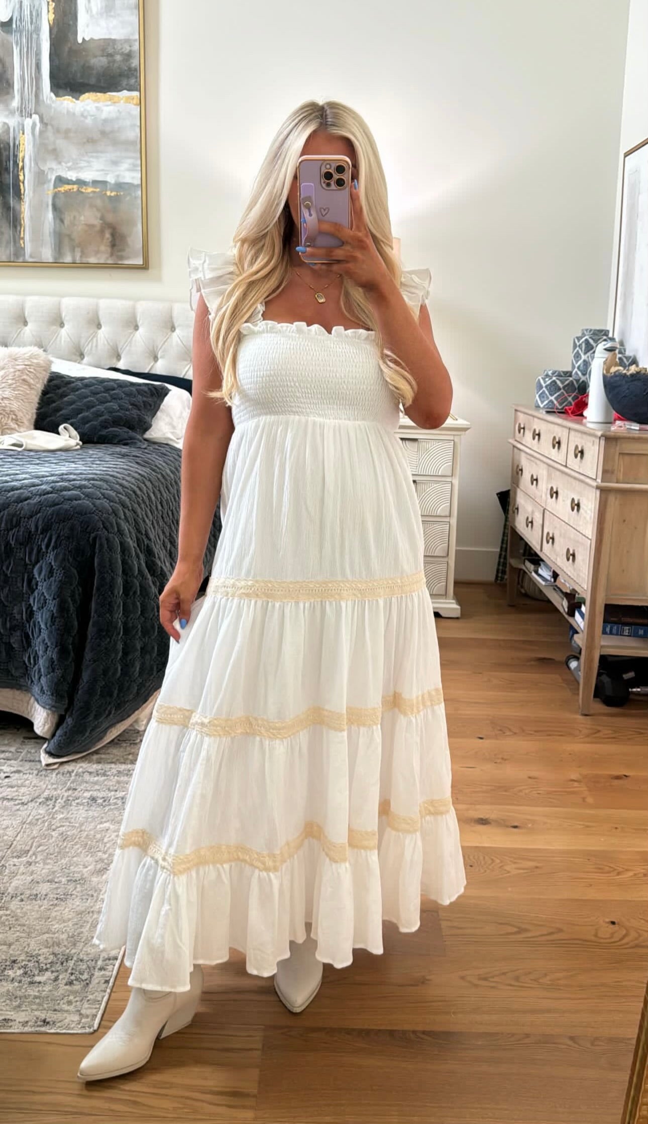 Smocked Ruffle Midi Dress-Off White