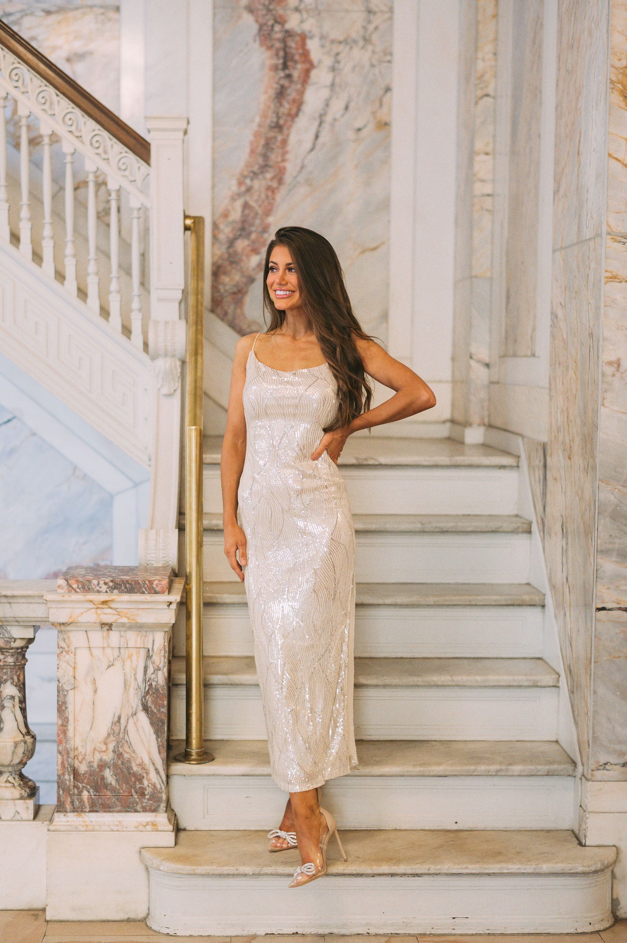 Side Slit Sequin Midi Dress-Champagne
