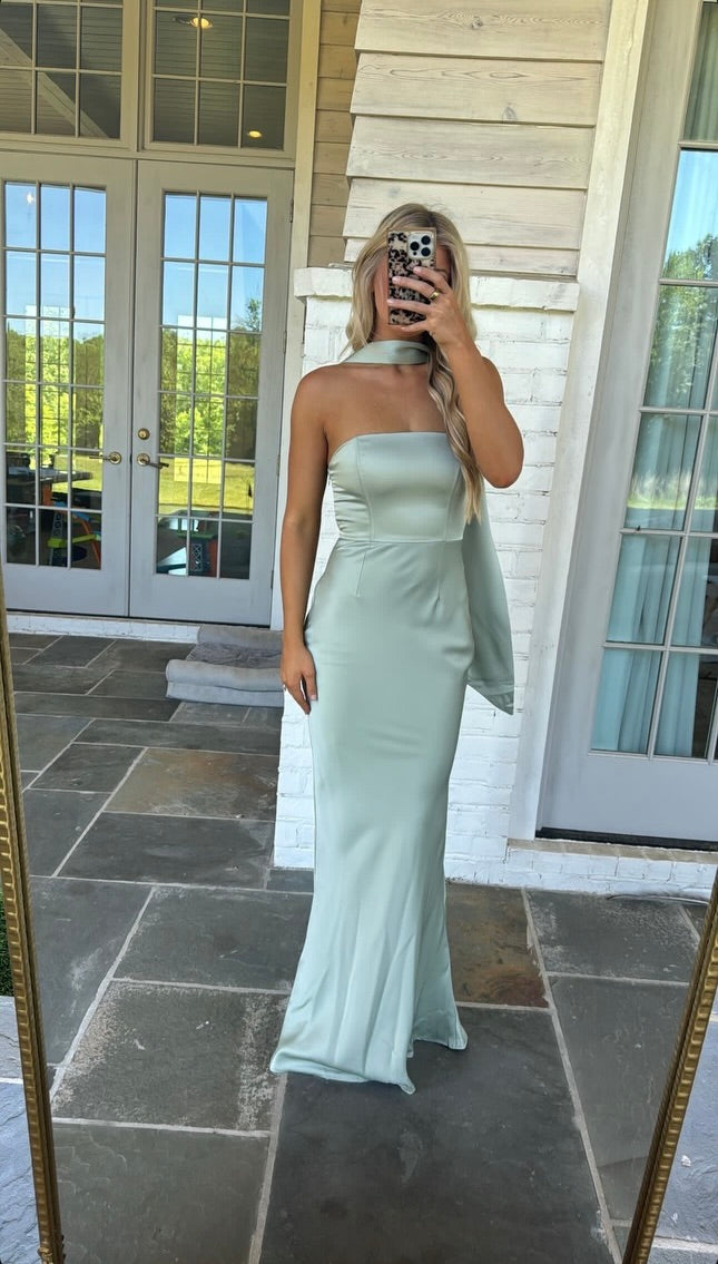 green bridesmaid dress with scarf Six Stories Bridesmaid satin maxi dress with chiffon neck scarf in moss green