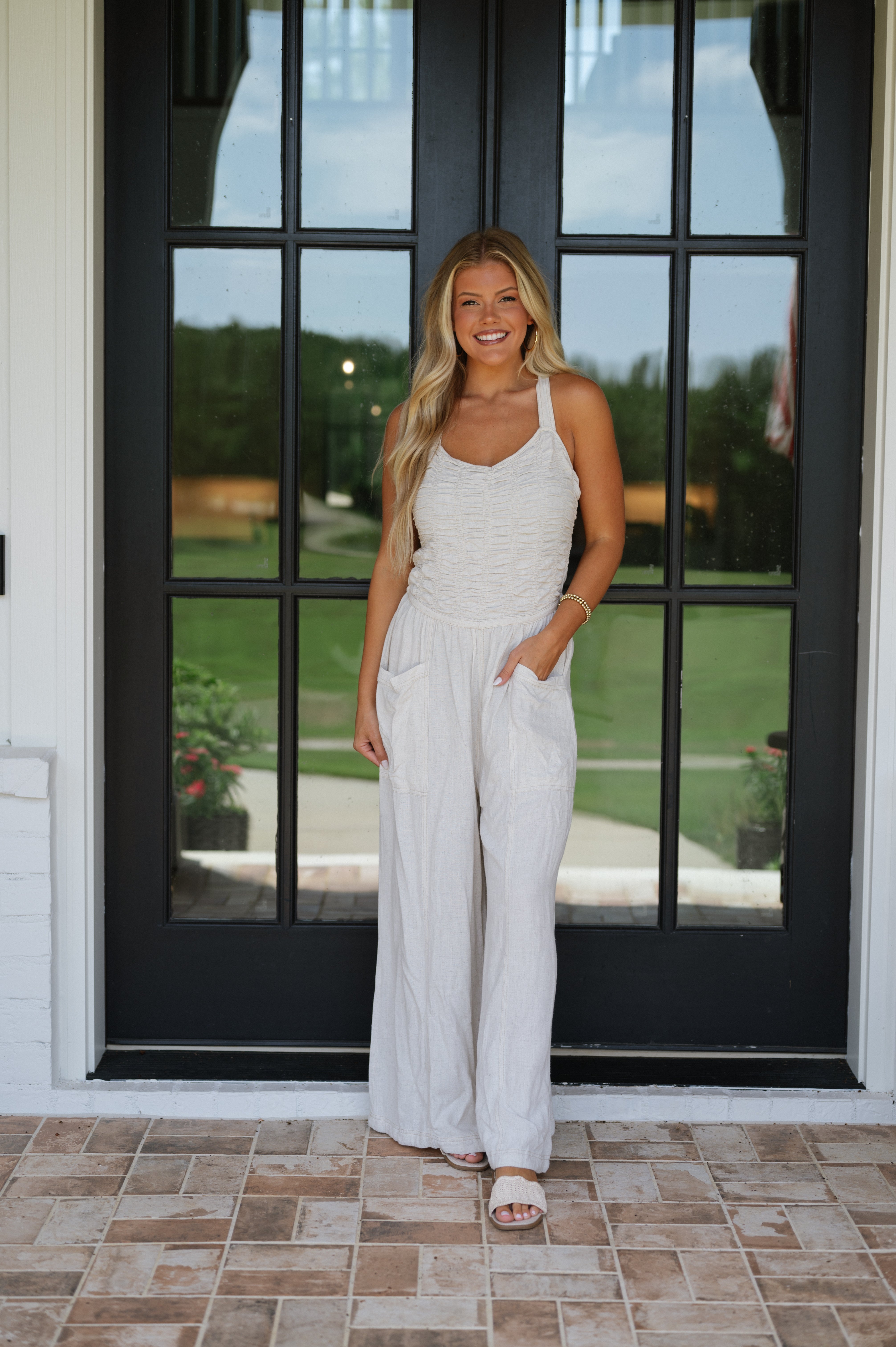 Ruched Pocketed Jumpsuit-Natural