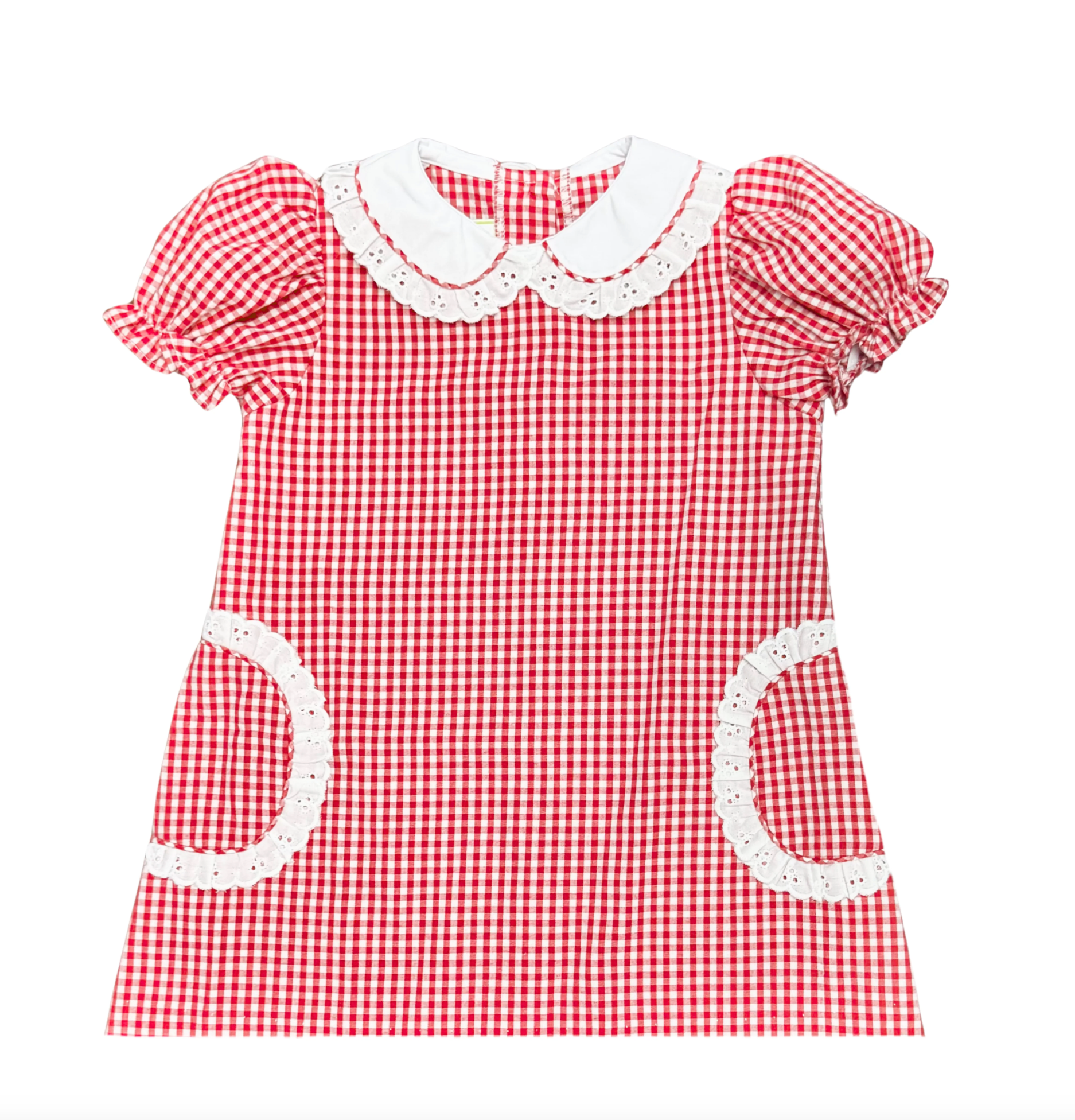 Lace Pockets Dress-Red Checkered