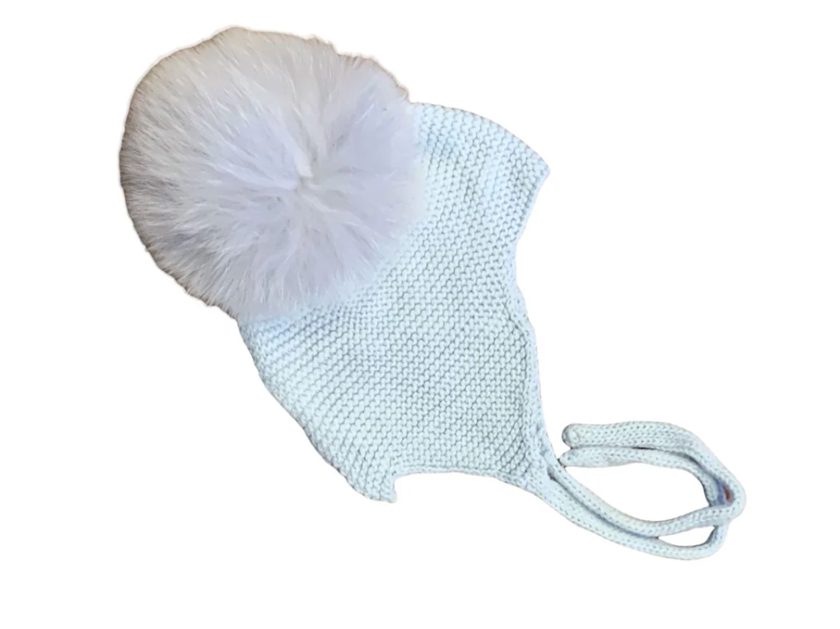 Fur Pom Tie Hat-White