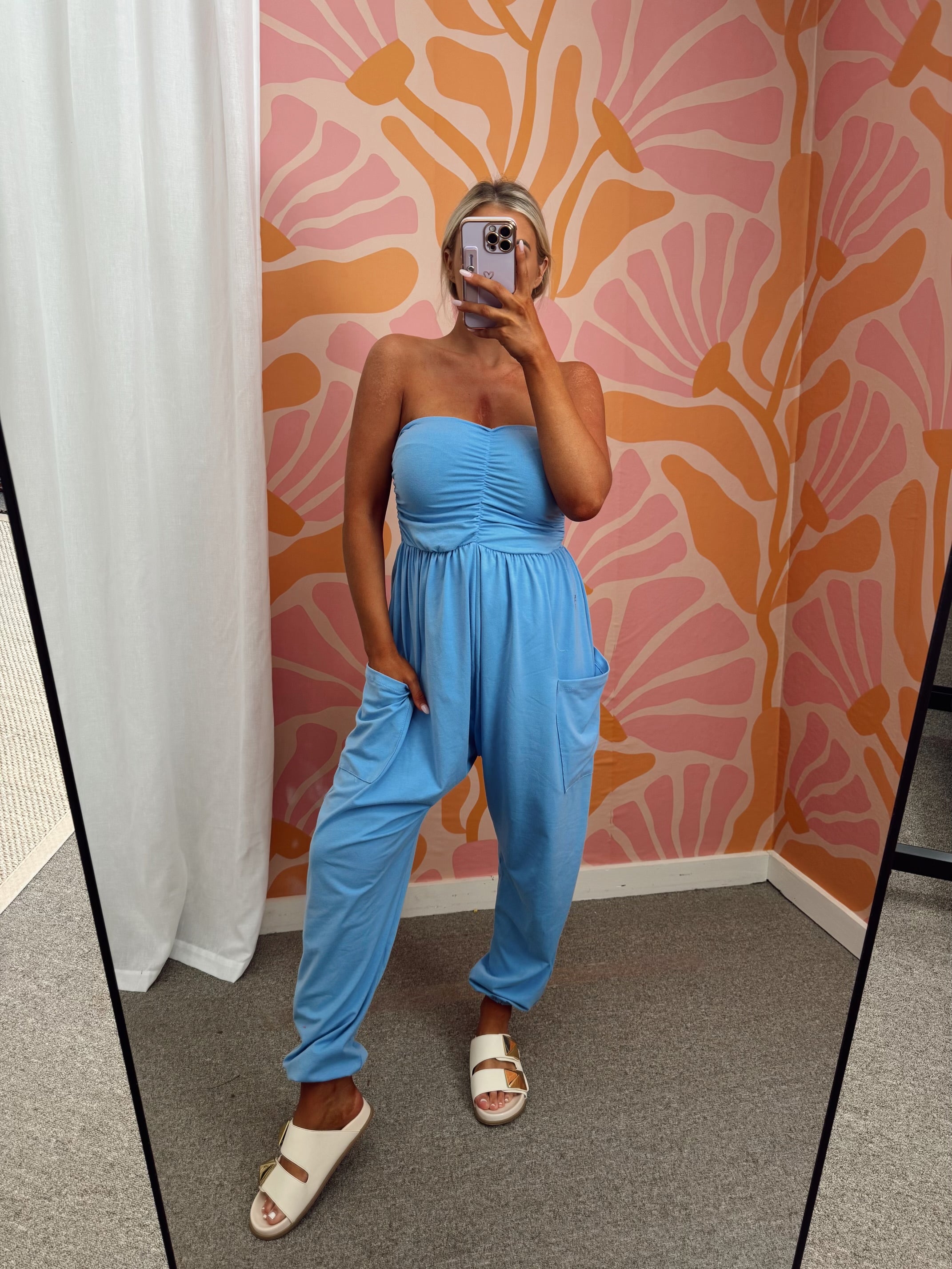 Strapless Ruched Baggy Jumpsuit-Blue