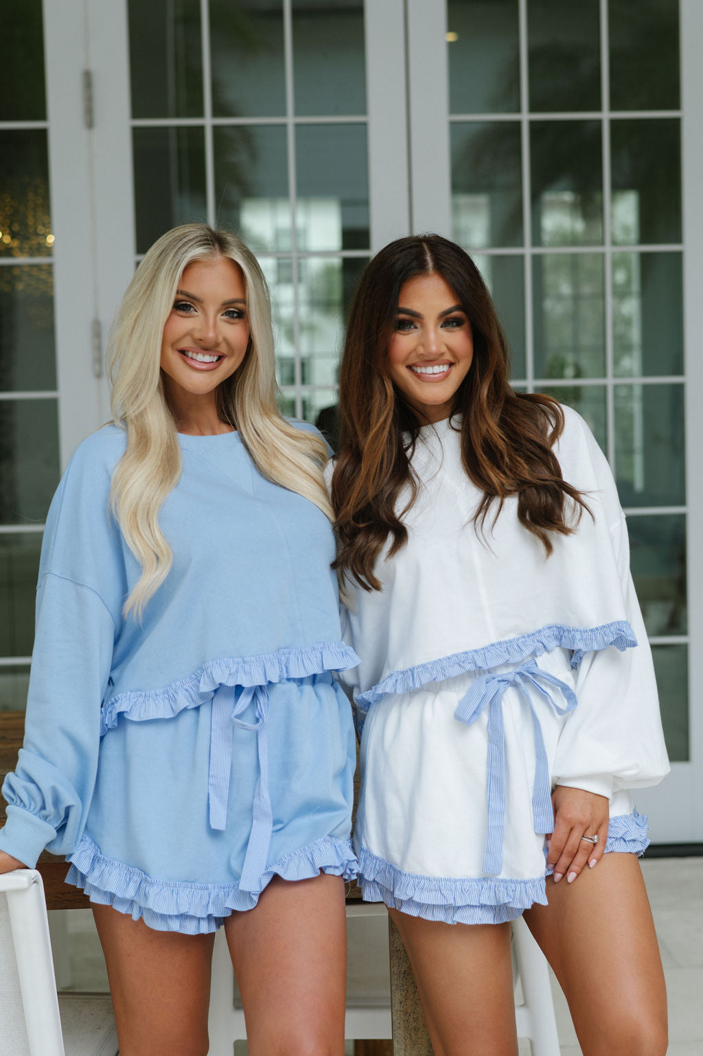 Gingham Trim Ruffle Set-Blue