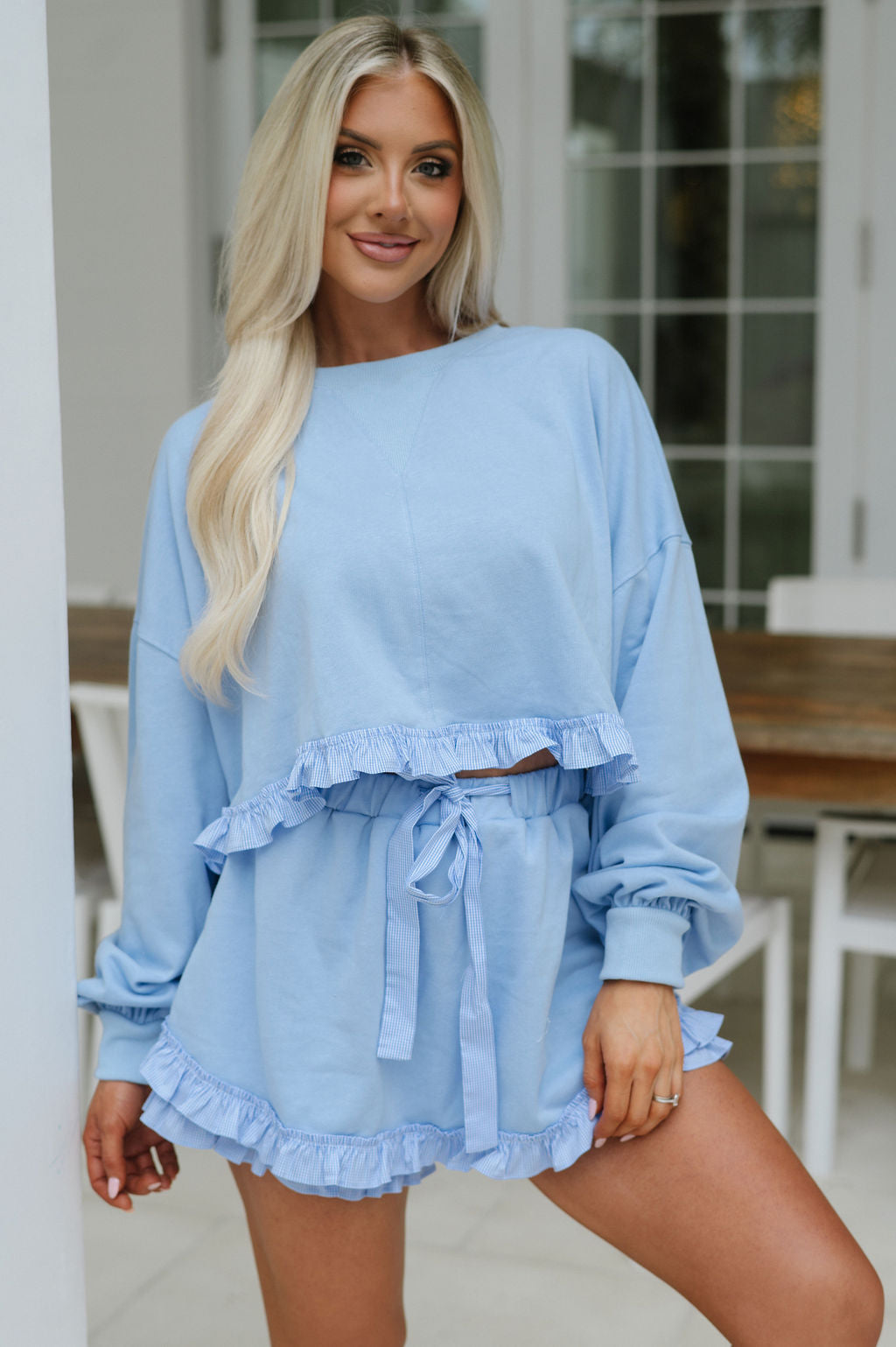 Gingham Trim Ruffle Set-Blue