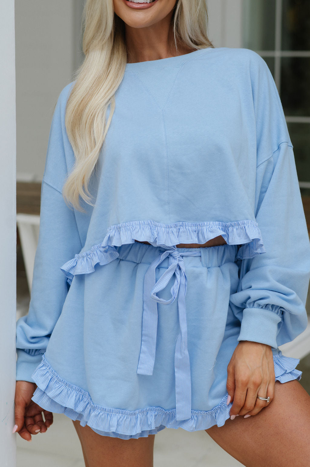 Gingham Trim Ruffle Set-Blue