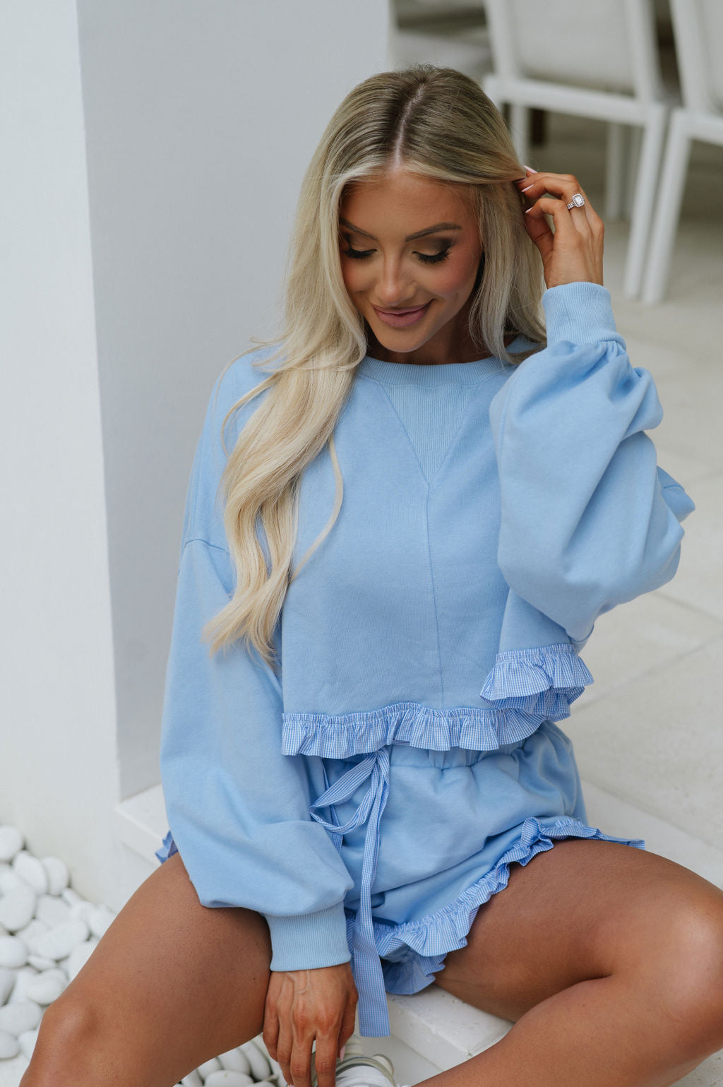 Gingham Trim Ruffle Set-Blue