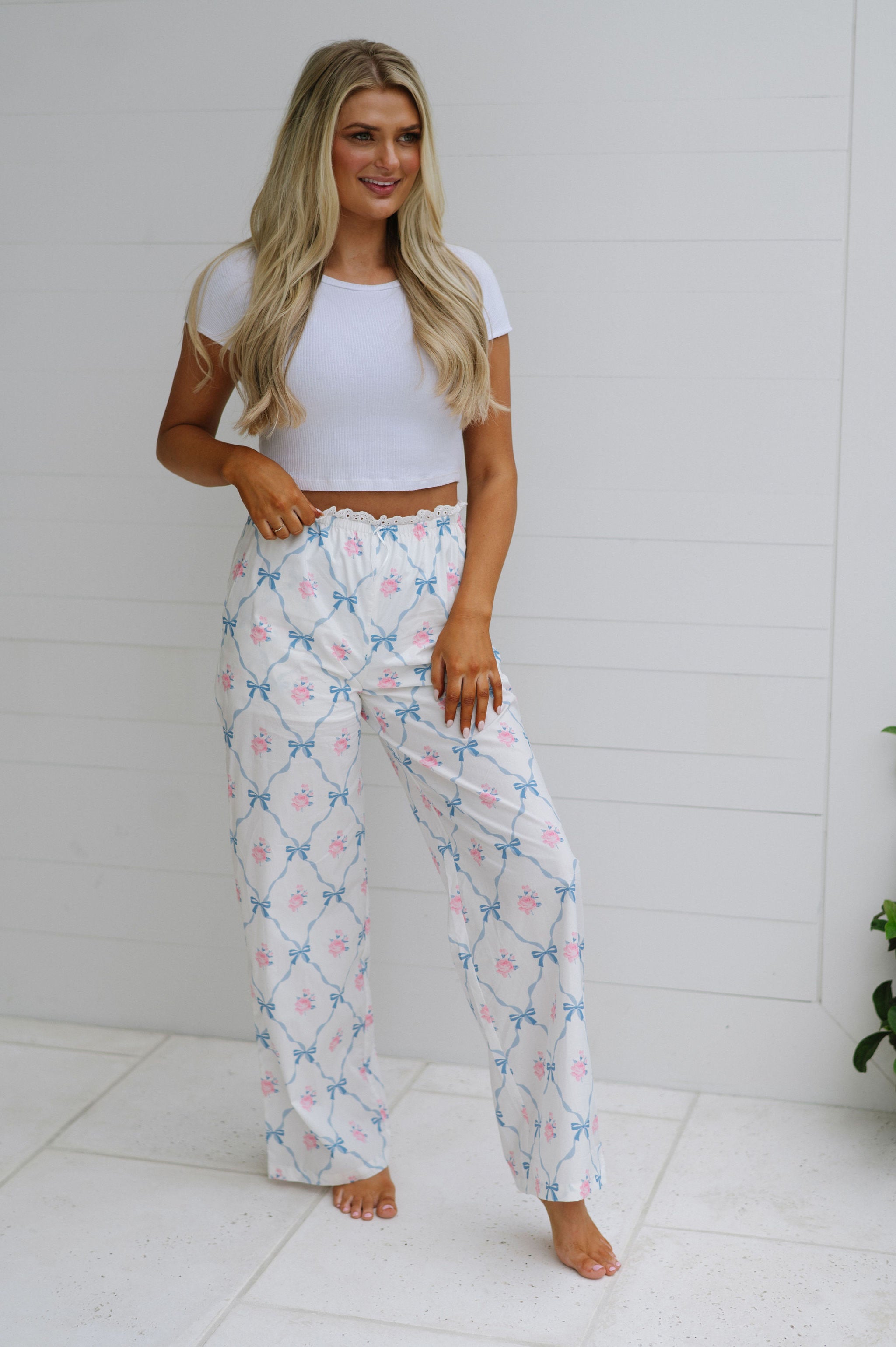 Rose Bow Pajama Pants-White