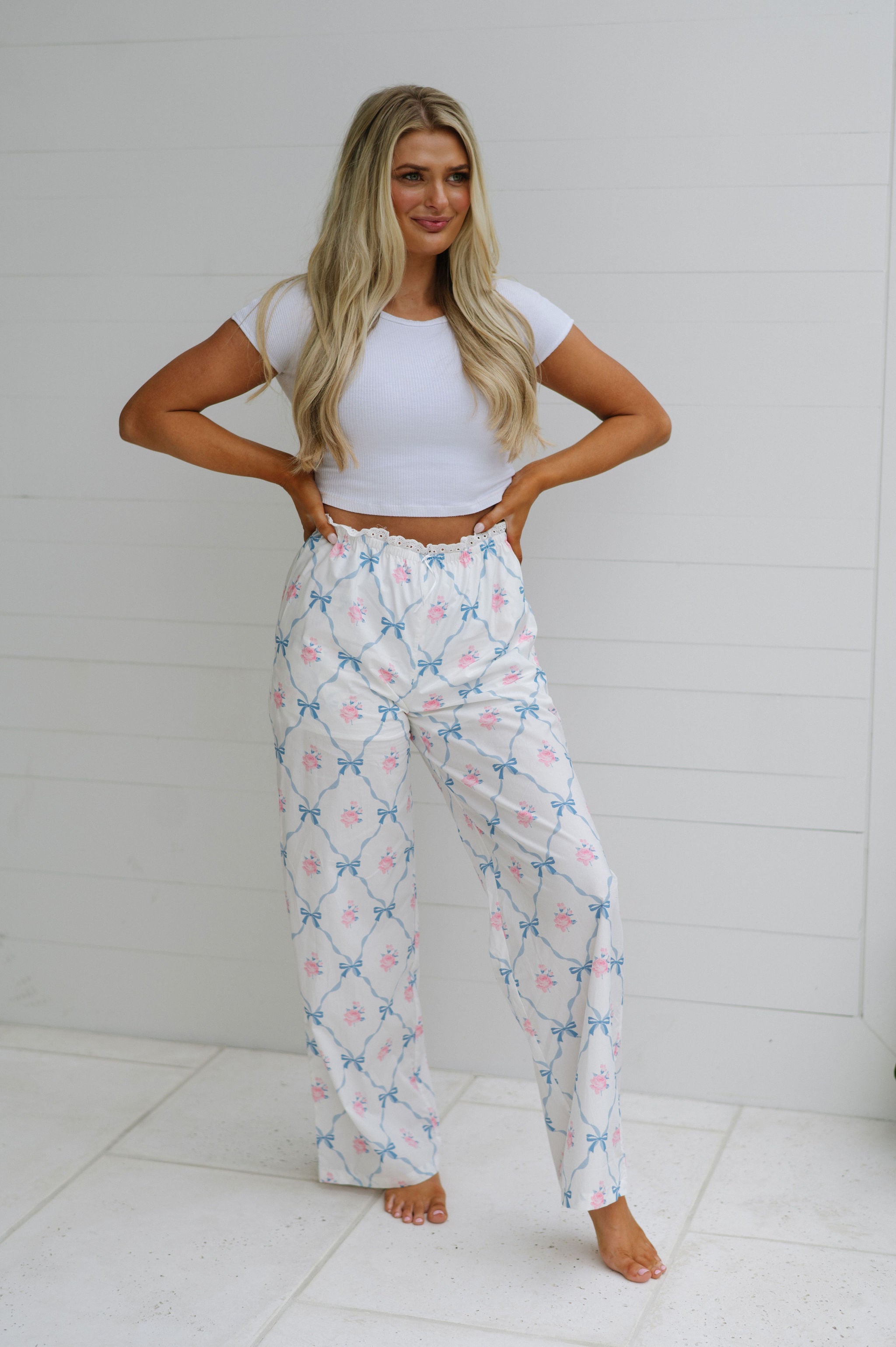 Rose Bow Pajama Pants-White