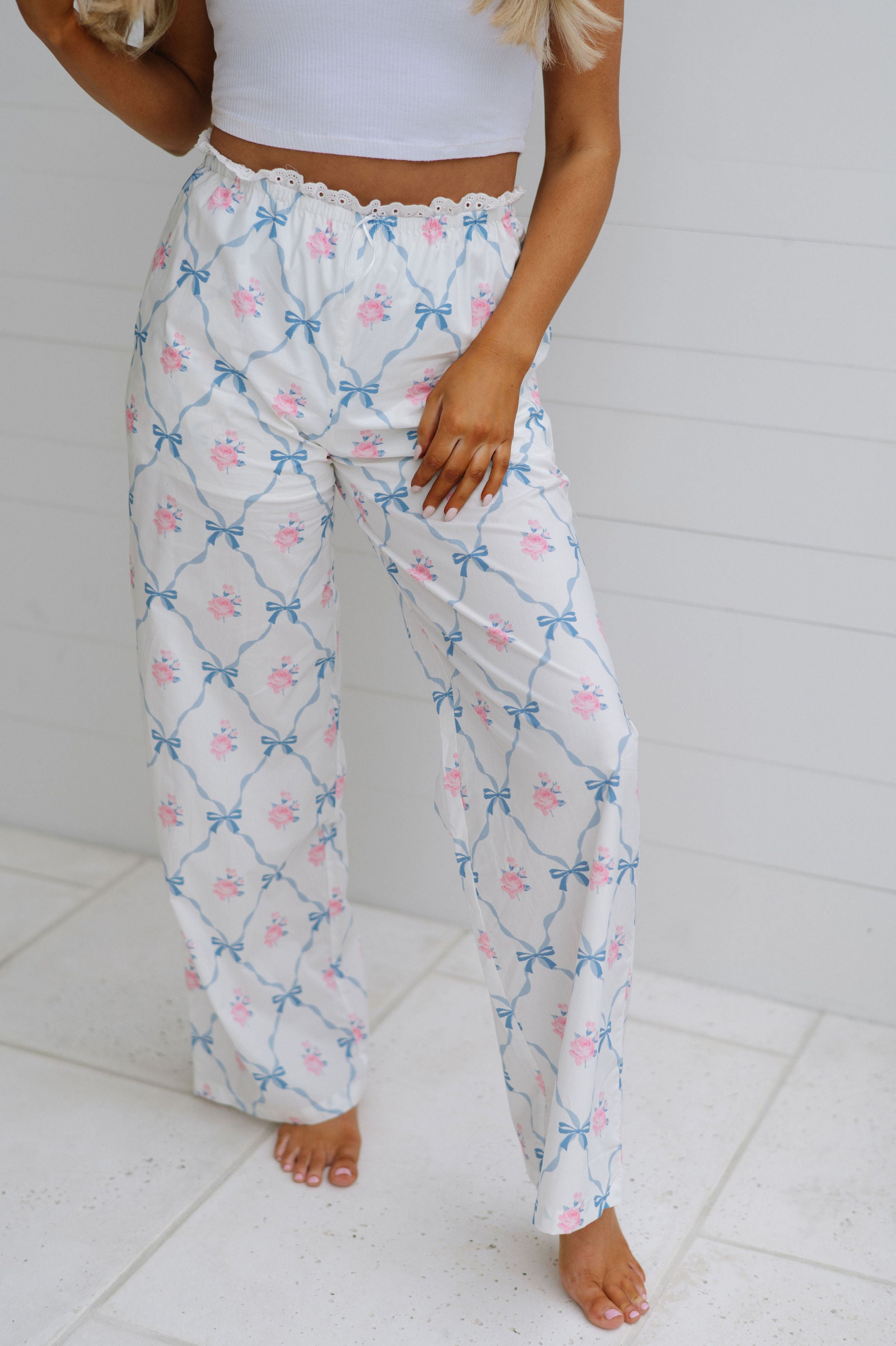 Rose Bow Pajama Pants-White