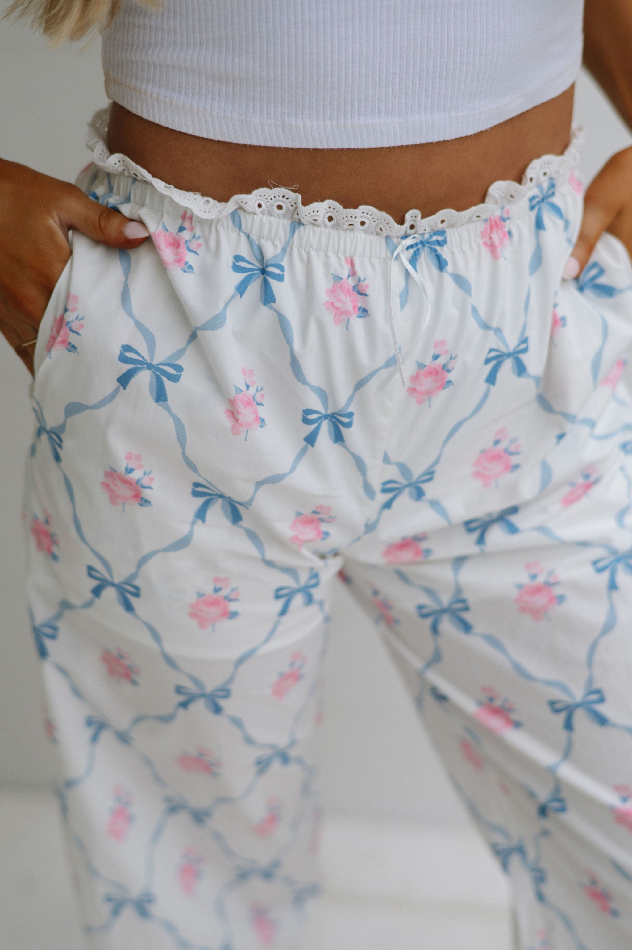 Rose Bow Pajama Pants-White