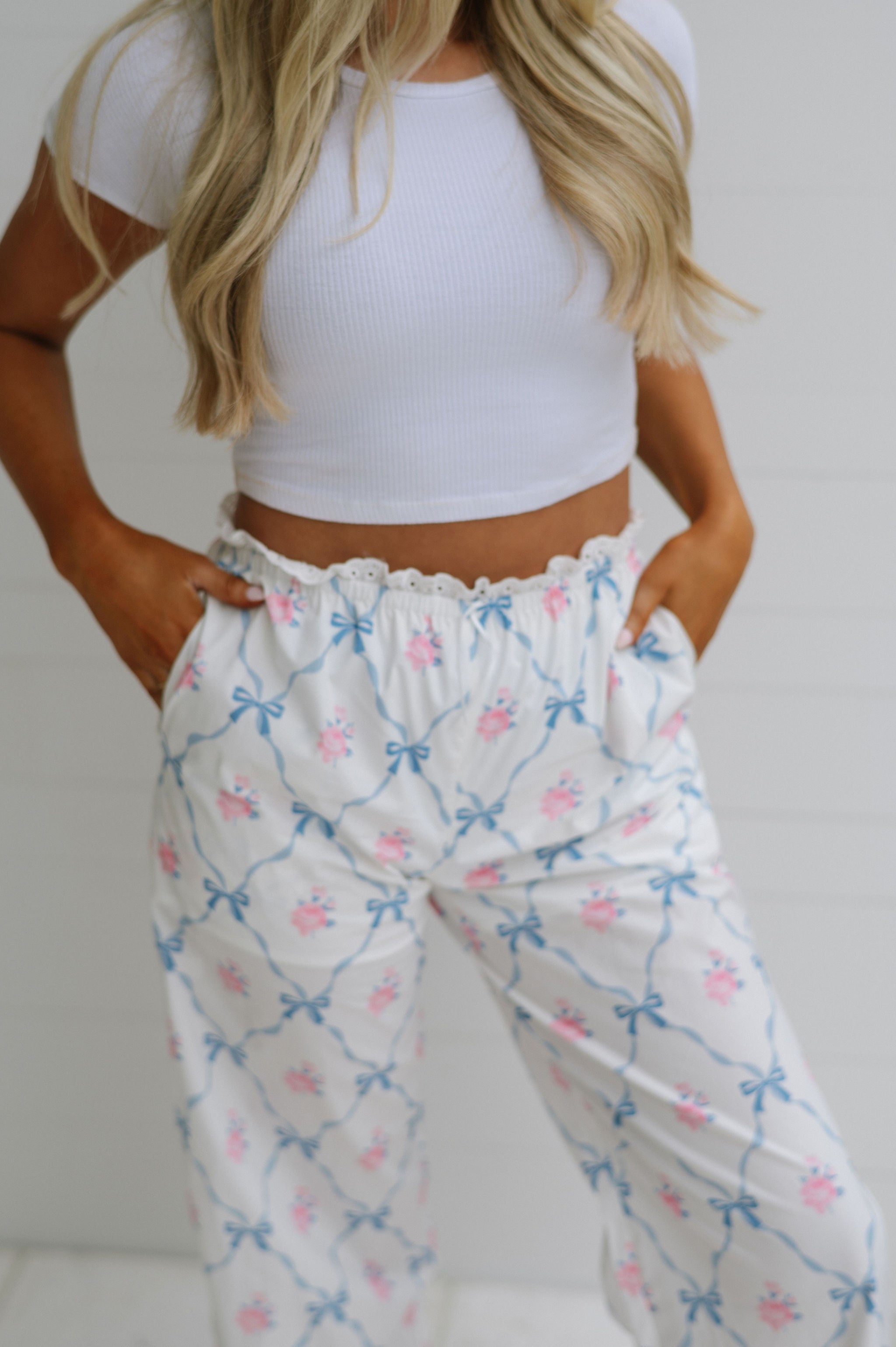 Rose Bow Pajama Pants-White