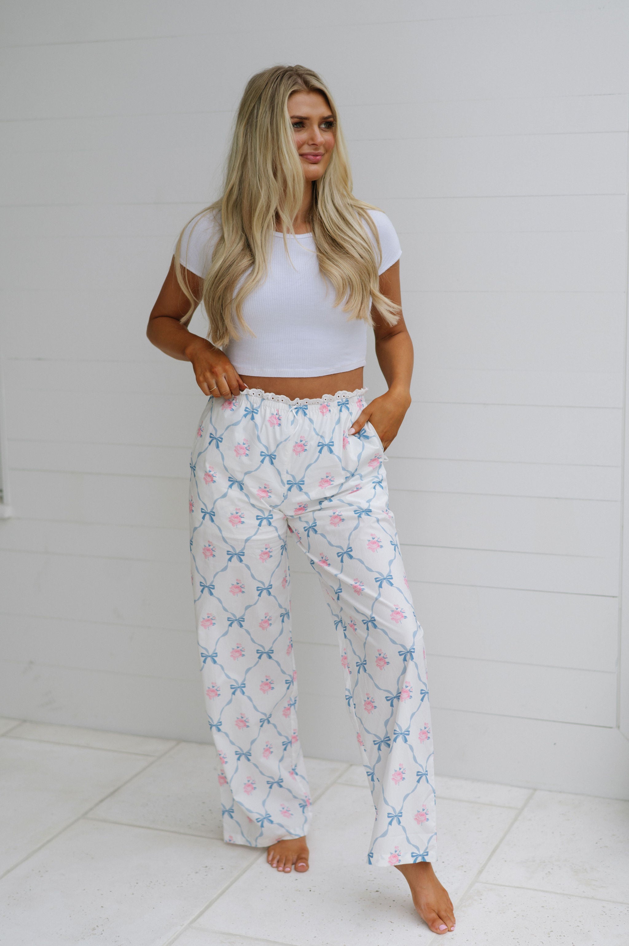 Rose Bow Pajama Pants-White